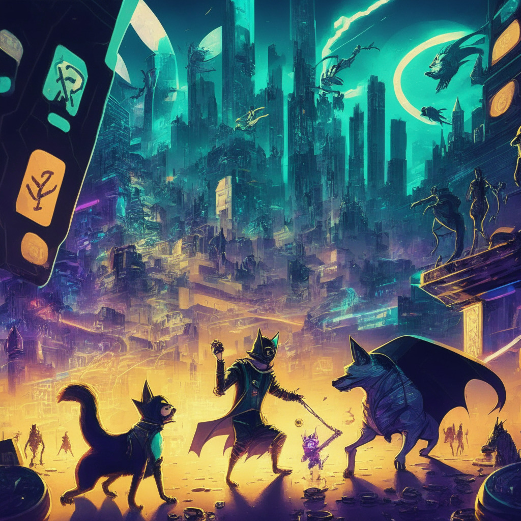 Cryptocurrency battle scene, AiDoge and PepeCoin as characters, futuristic cityscape, chiaroscuro lighting, tension-filled atmosphere, contrast of tradition and innovation, both humor and seriousness, swirling AI-generated memes, shadowy speculative figures, bright colors with dark undertones.