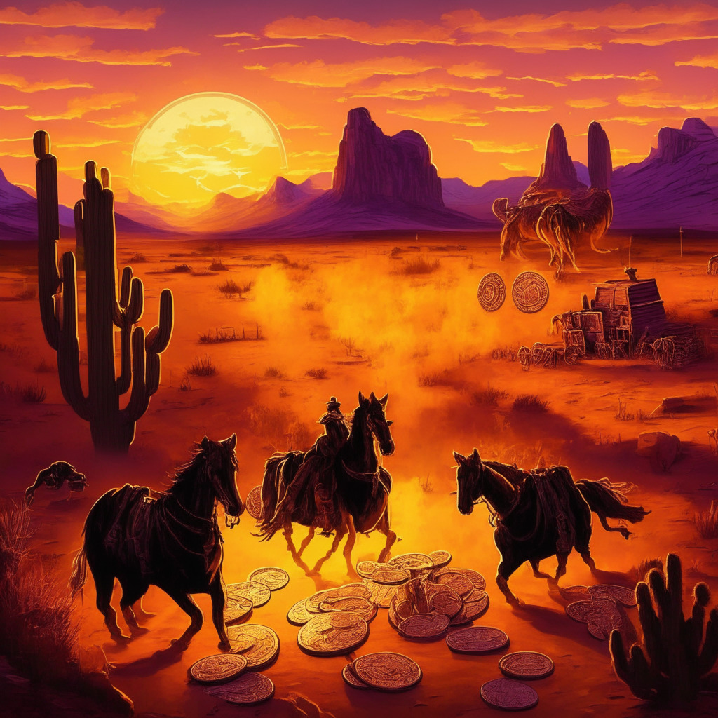 Cryptocurrency Wild West: meme coins vs. real-use web3 startups, coins chasing elusive success, risky market full of potential pump-and-dump schemes, desolate landscape backdrop, vibrant sunset hues, warm chiaroscuro, whimsical memes juxtaposed with serious web3 projects, dynamic play of light & shadow, mood of cautious optimism.