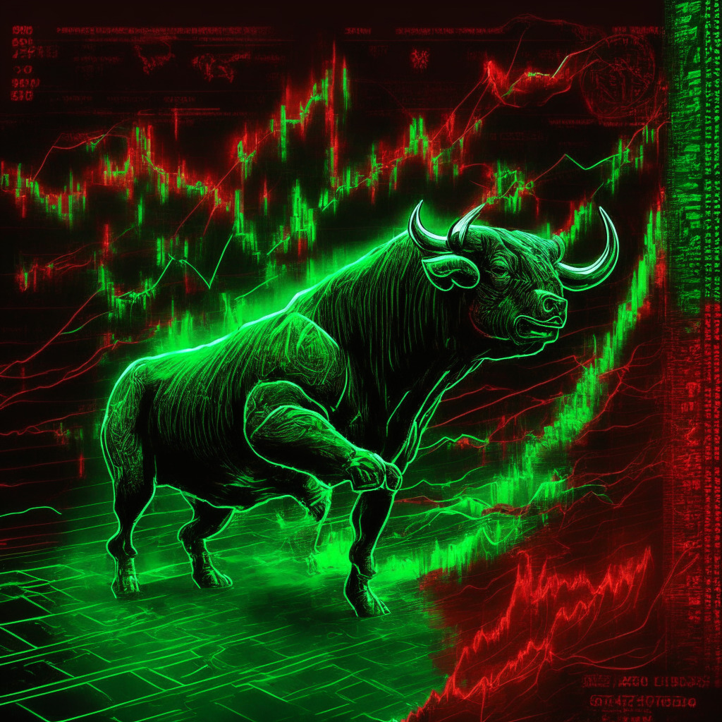 Crypto bull market scene, PEPE coin soaring, gleaming light effects, intricate flag pattern, optimistic trading atmosphere, dynamic EMA support, RSI indicator above 50%, 20-day EMA momentum, elements of risk and potential corrections, contrasting hues of green and red to convey price fluctuations.