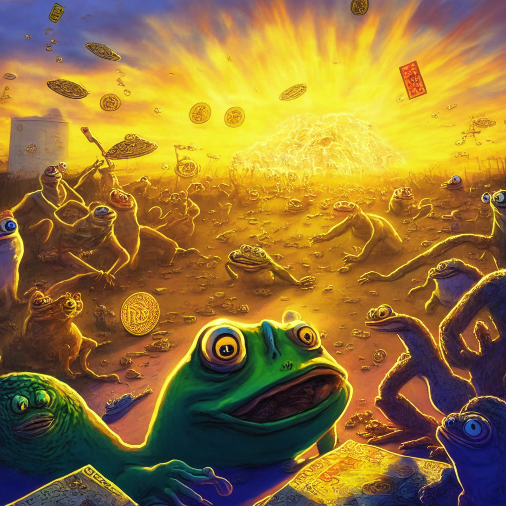 Memecoin frenzy scene with Pepe, Bitcoin and Ethereum, golden-hour light, surrealistic art style, playful yet tense mood, rising transaction fees, crypto adoption growth, AI influencing the market, gas fees concerns, AI dangers warning, Microsoft's GPT-4 advancements, potential need for AI regulation, crypto scalability challenges.