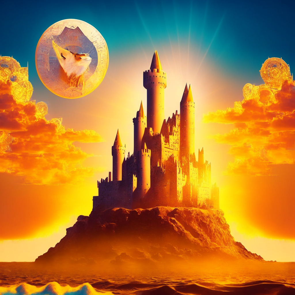 Surreal crypto castle, Dogecoin fading in the sky, Wall Street Memes token rising like a phoenix, 2023 retro-futuristic art style, golden hour light, diverse digital assets, shifting tides of public interest, underlying uncertainty, glimmers of optimism.