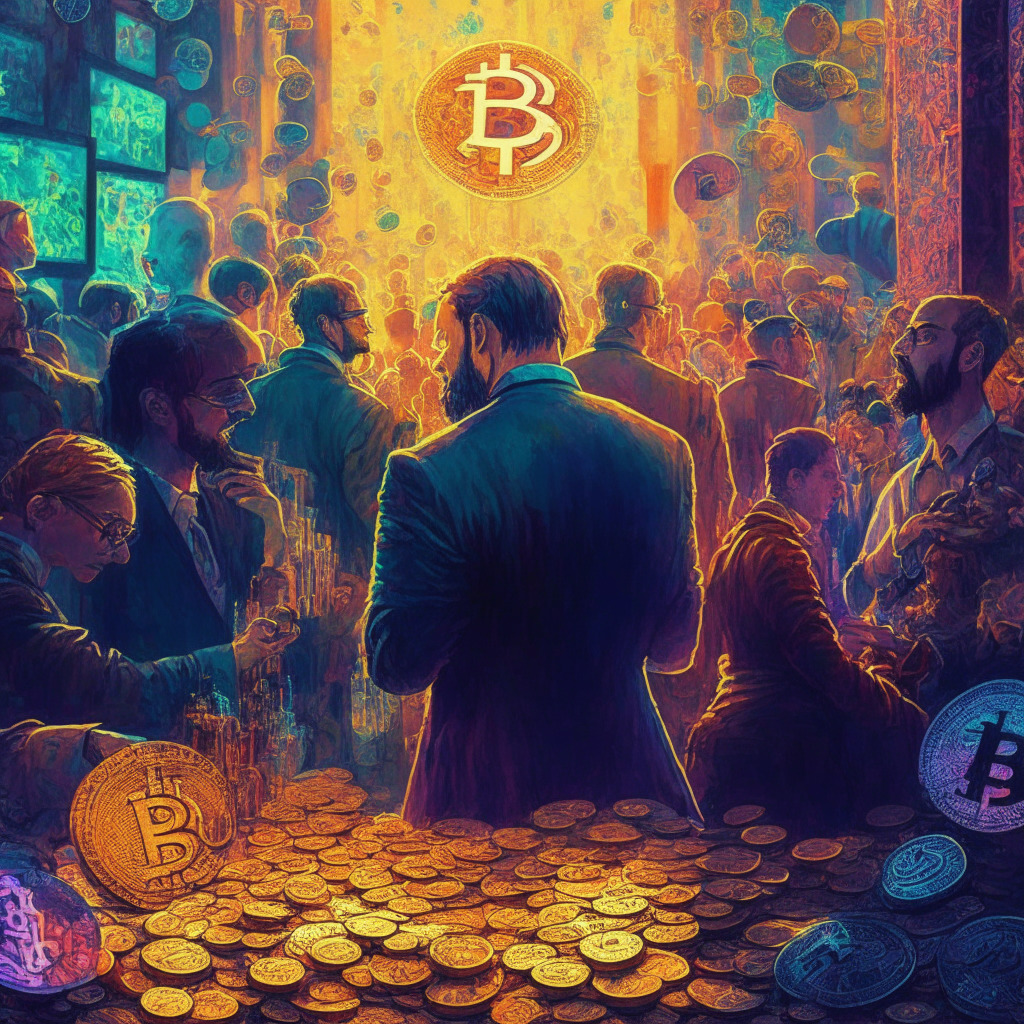 A chaotic crypto market scene, PEPE & FLOKI coins plunging, Binance suspending market orders, an uncertain mood, contrast of light & shadows, memecoin hype, investors contemplating, hints of cautious optimism, whispers of potential growth, vibrant mosaic style, and vibrant colors.