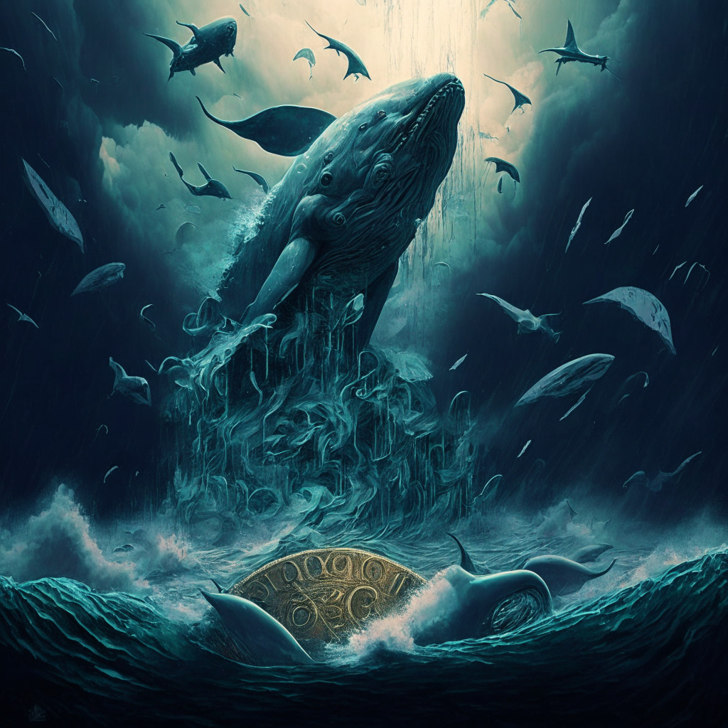 Cryptocurrency chaos, sinking memecoin, whale devastated, contrasting emotions, gloomy atmosphere, ethereal lighting, surrealistic style, cautionary symbolism, volatile digital waves, palpable tension, risk-reward balance, muted colors, ominous energy, fading dreams, fluctuating fortunes.