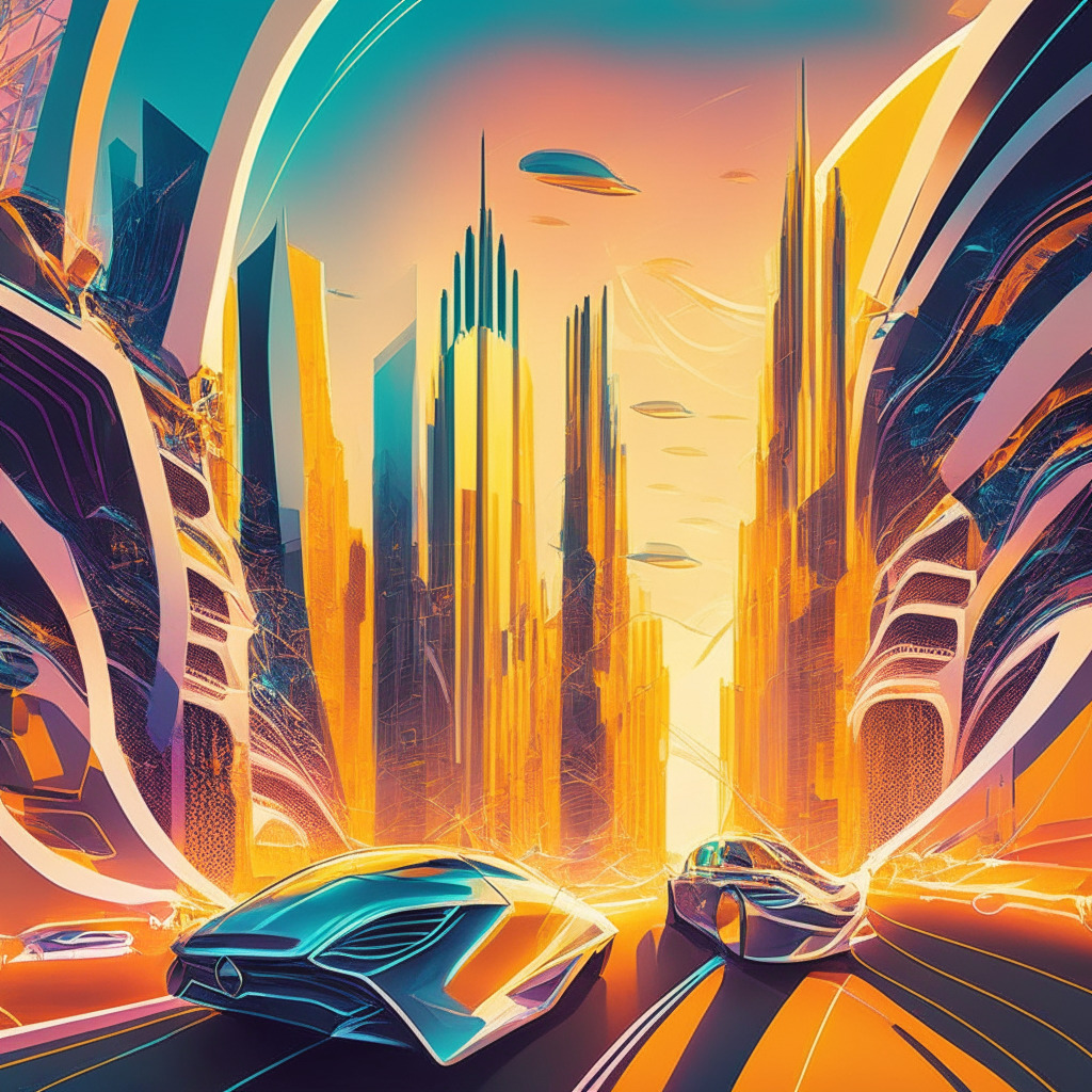 Futuristic cityscape with Mercedes-Benz inspired vehicles, sleek generative art designs, vibrant color palette, cubist style, golden hour light setting, reflective surfaces, dynamic movement, air of innovation, harmonious fusion of traditional and digital art elements, excited atmosphere, focus on velocity and perception, hint of blockchain patterns.