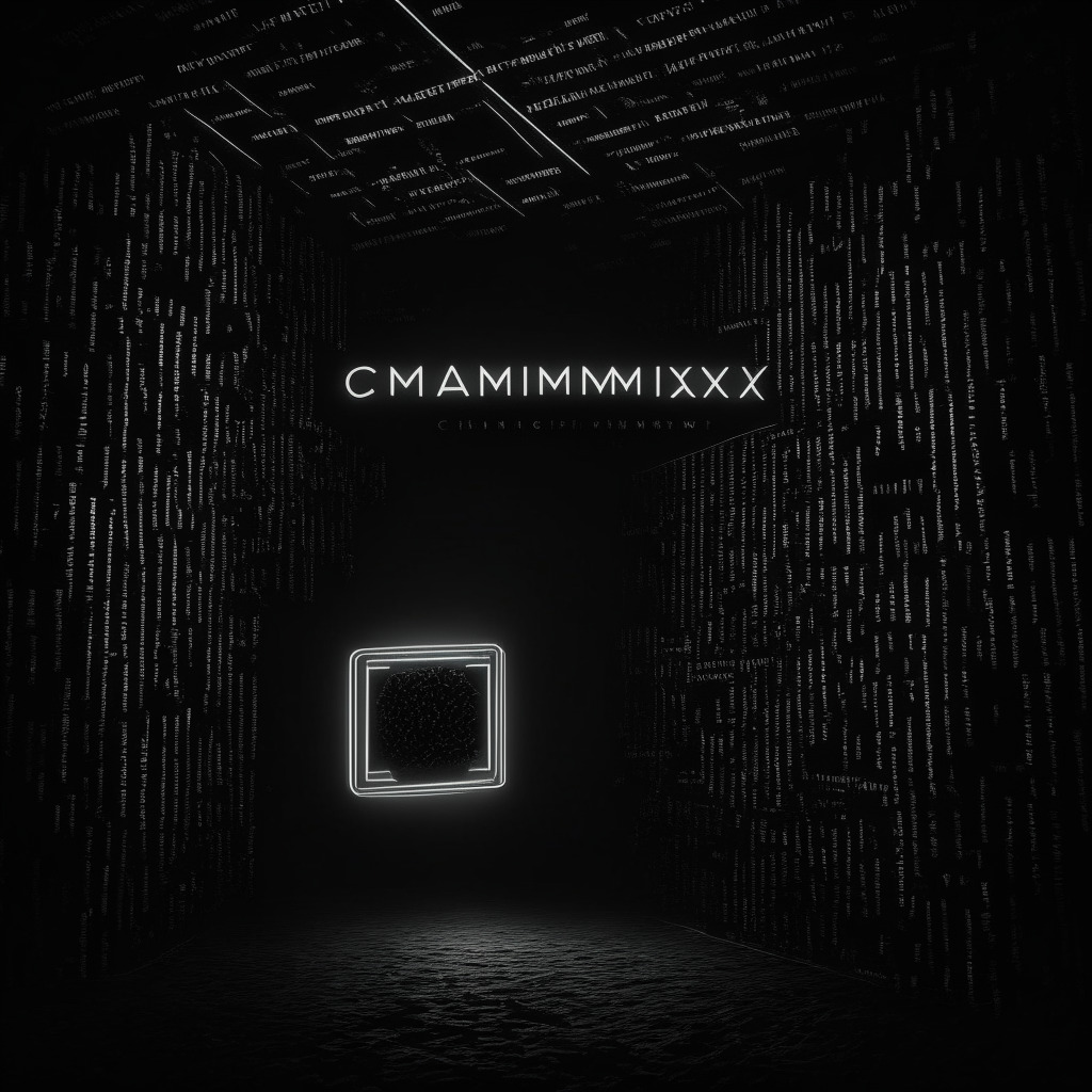 Intricate blockchain background, dark, moody atmosphere, spotlights on MetaMask wallet and ConsenSys logo, shadows cast on text debunking tax controversy, chiaroscuro lighting effect, tension-filled aura, artistic touch of classic noir films, sense of relief as truth triumphs, 350 characters max.