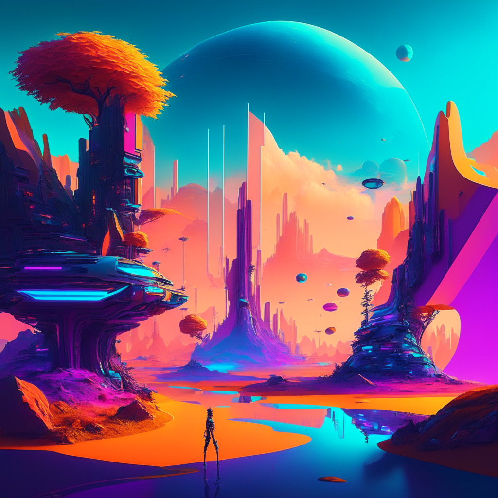 Futuristic metaverse landscape, AI-driven elements, vibrant colors, soft illumination, interconnected digital world, hints of real-time translation, chatbot conversations, virtual reality app creation, contrasting mood with skepticism & potential harmony, no brands/logos, 350 characters.