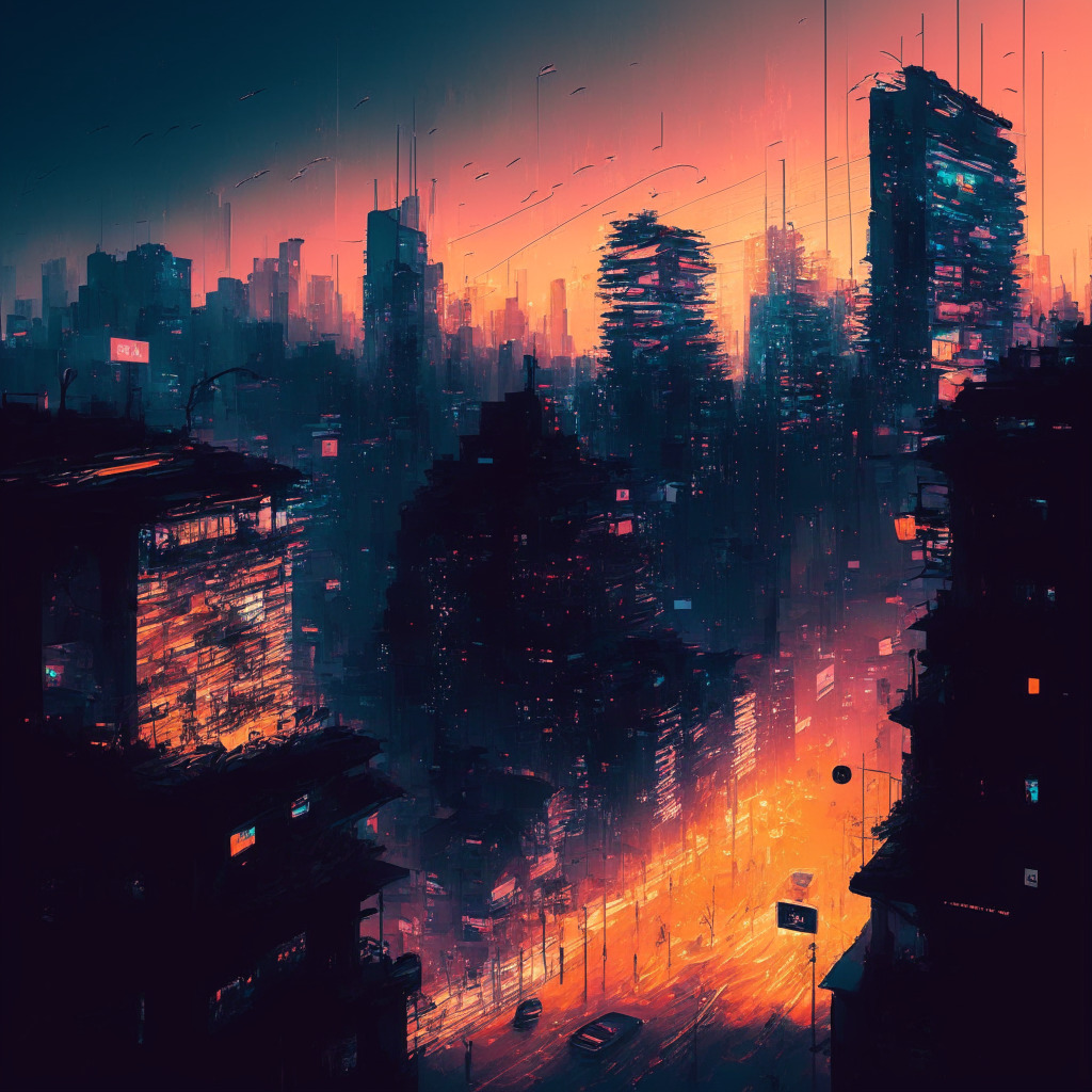 Intricate digital cityscape, dusk lighting, impressionist style, lively social media platforms merging together, hint of decentralization, bustling online activity, air of anonymity, interconnected users, innovative and edgy atmosphere, juxtaposed emotions of enthusiasm and caution.