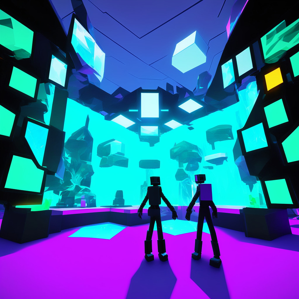 Futuristic metaverse debate scene, Tim Sweeney & Ed Zitron in virtual avatars, vibrant digital landscape, Minecraft-Fortnite-VRChat elements, contrasting hues - optimism vs skepticism, soft light from abstract holographic screens, playful yet intense atmosphere, artistic blend of gaming & social media aesthetics.