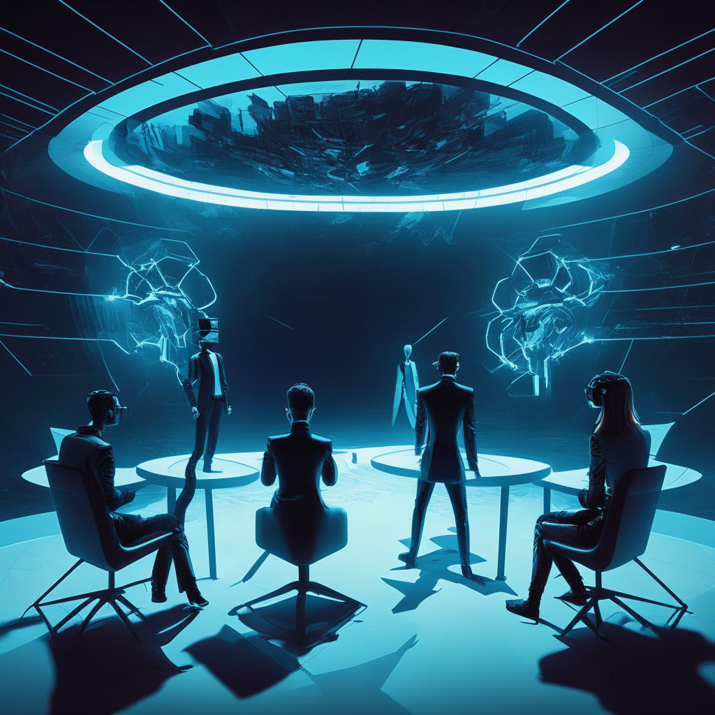 Metaverse debate scene, intense discussion, contrasting opinions, cyber-inspired art style, dramatic lighting, passionate expressions, split virtual reality world: thriving vs barren, optimistic vs pessimistic moods, innovators vs skeptics, hints of AI technology in the background.