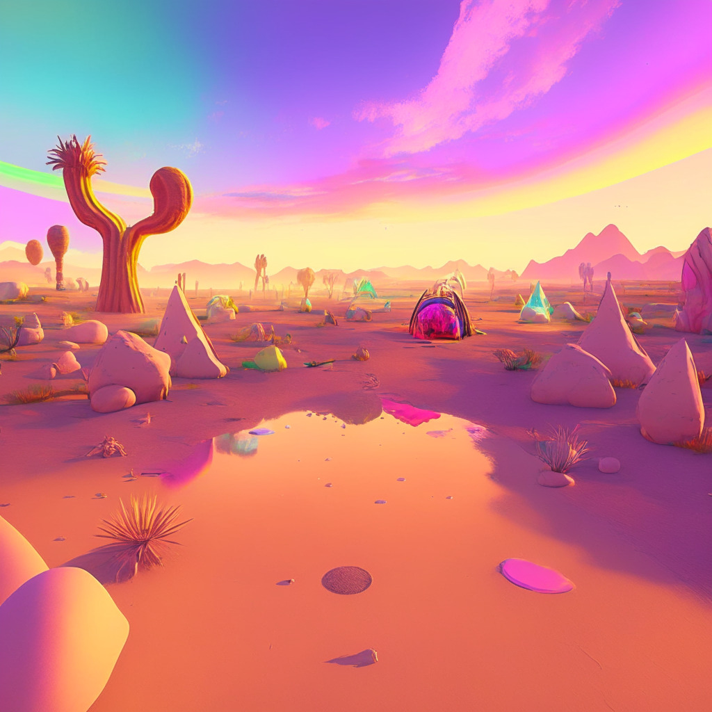 Desert oasis landscape at dusk, soft pastel sky, vibrant rainbow footprints, inclusive gathering of diverse virtual avatars, Burning Man-inspired setting, spirited celebration, lively virtual parade with floats, obscured faces promoting anonymity, empowering atmosphere, hints of educational and musical elements, joyful and supportive mood.