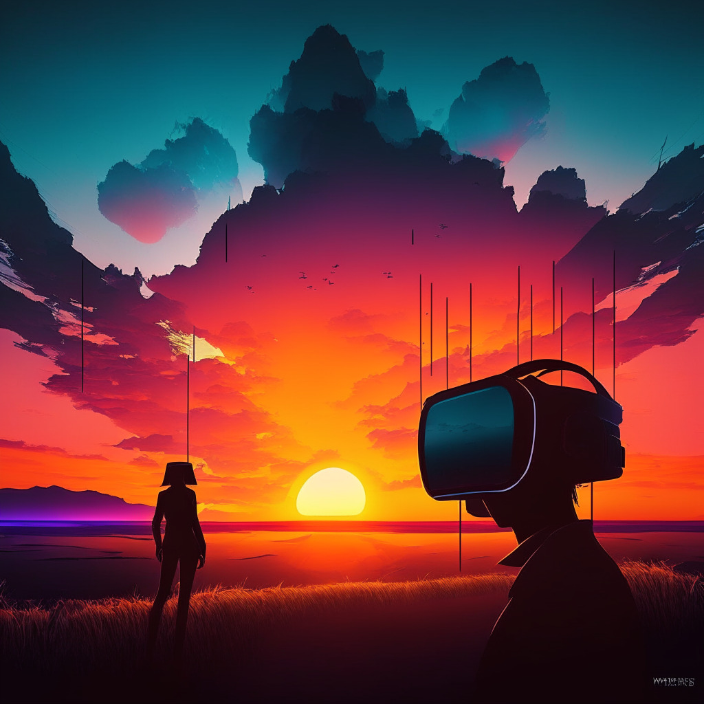 Sunset-lit metaverse landscape, array of virtual properties, dramatic price drop graph, optimistic silhouette with a mixed-reality headset, Apple-inspired aesthetics, somber-yet-hopeful mood, contrast of dark clouds and bright horizons, uncertainty juxtaposed with potential, artistic rendering of digital assets.