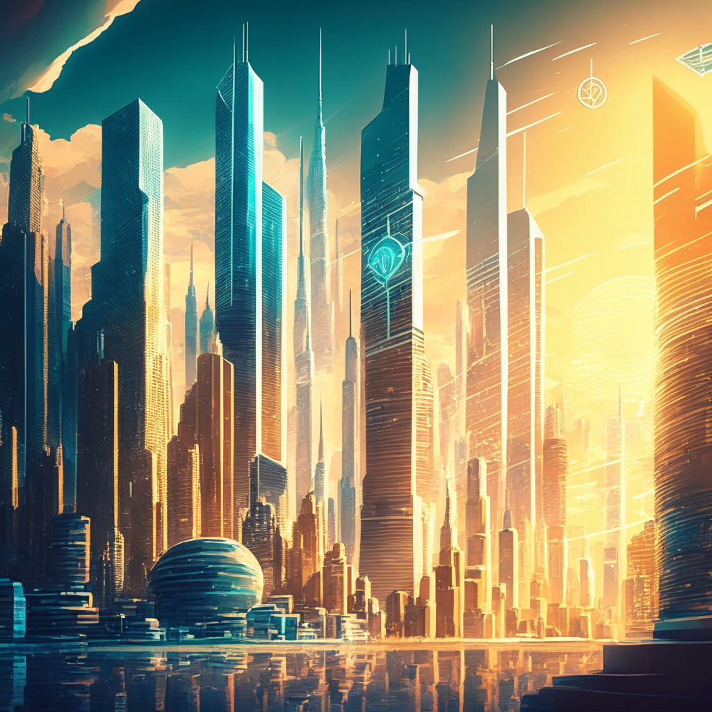 Futuristic cityscape with sleek buildings, radiant sunlit skyline, blockchain-style elements, dominant mood of innovation and prosperity, real estate tokens transforming into keys, diverse investors celebrating, subtle financial security elements, artistic representation of passive income flow.