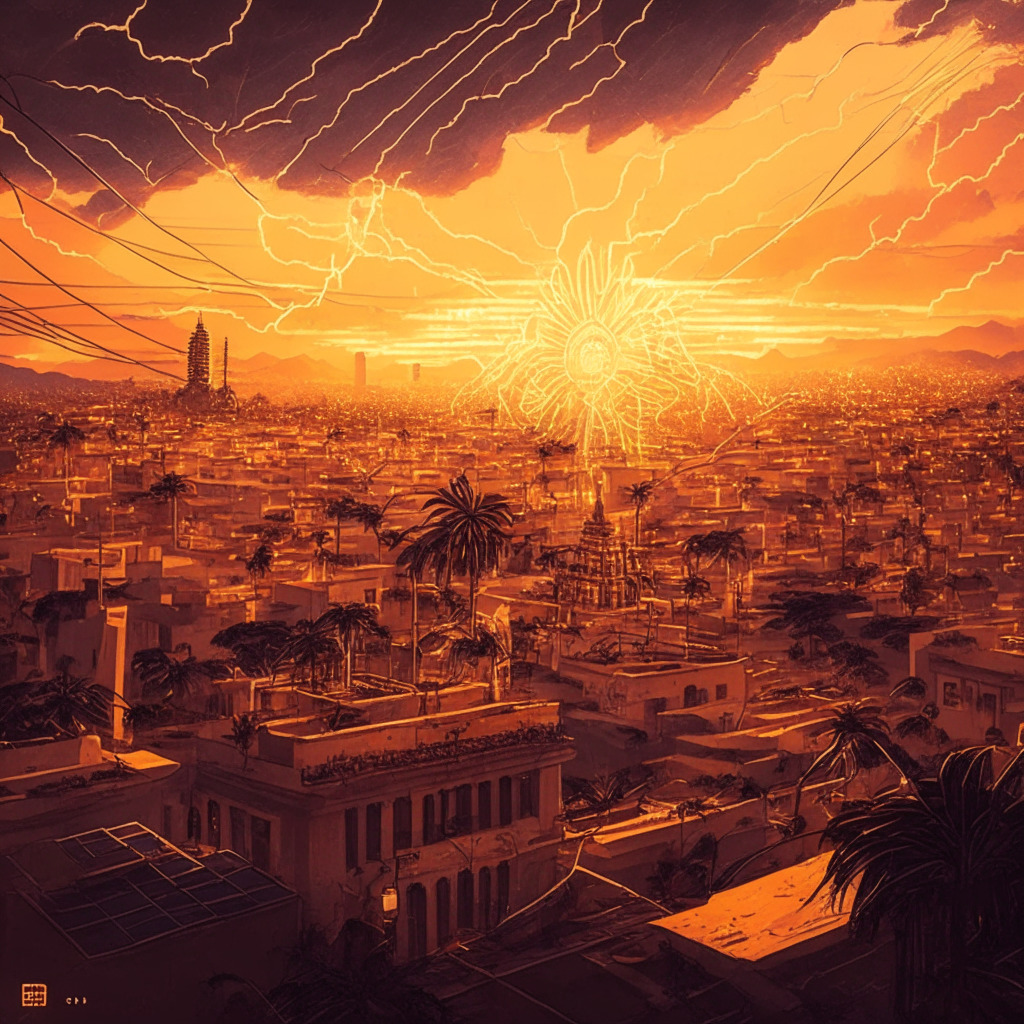 Intricate Mexican cityscape at sunset, warm golden hues, prominent internet provider building in the center, lightning bolts symbolizing Bitcoin Lightning Network, serene yet energetic atmosphere, people paying internet bills with BTC, subtle nod to crypto adoption, growing interest and confidence in technology, balanced blend of optimism and caution.