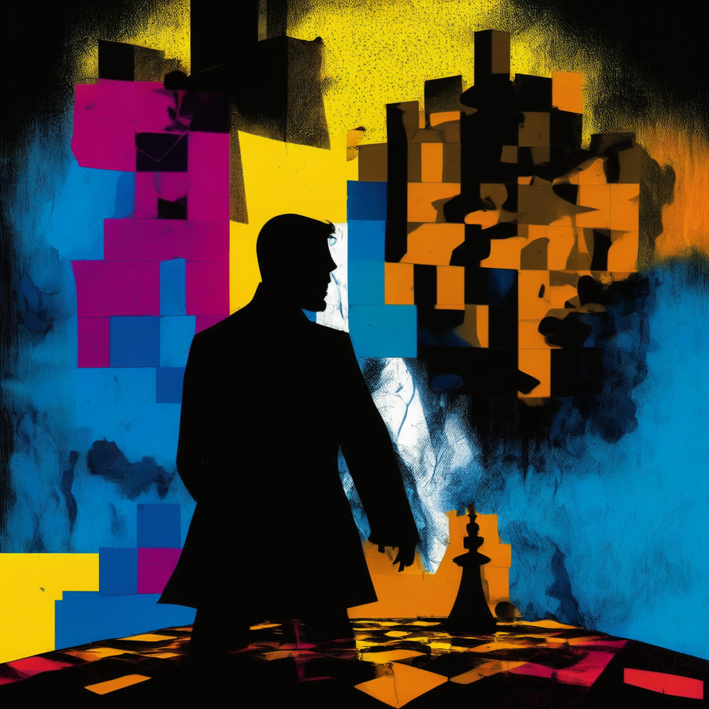 Investor in distressed banks and crypto, evening light casting shadows, contrast of optimism and risk, chessboard of strategic moves, impending storm in the background, silhouette of Michael Burry, fragmented digital currency, balance of power and uncertainty, vibrant yet ominous colors, abstract expressionist style