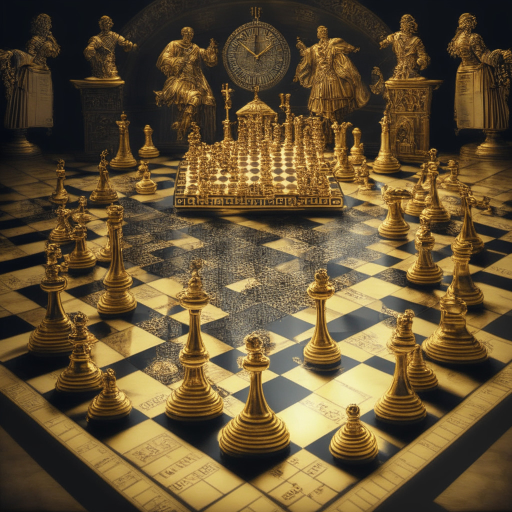 Intricate chessboard with Bitcoin & business figures, MicroStrategy vs Coinbase, baroque art style, soft golden light, tension-filled atmosphere, cautious optimism, vintage chess clock, looming regulatory shadow, strong performance-themed background, reflecting recent YTD gains.