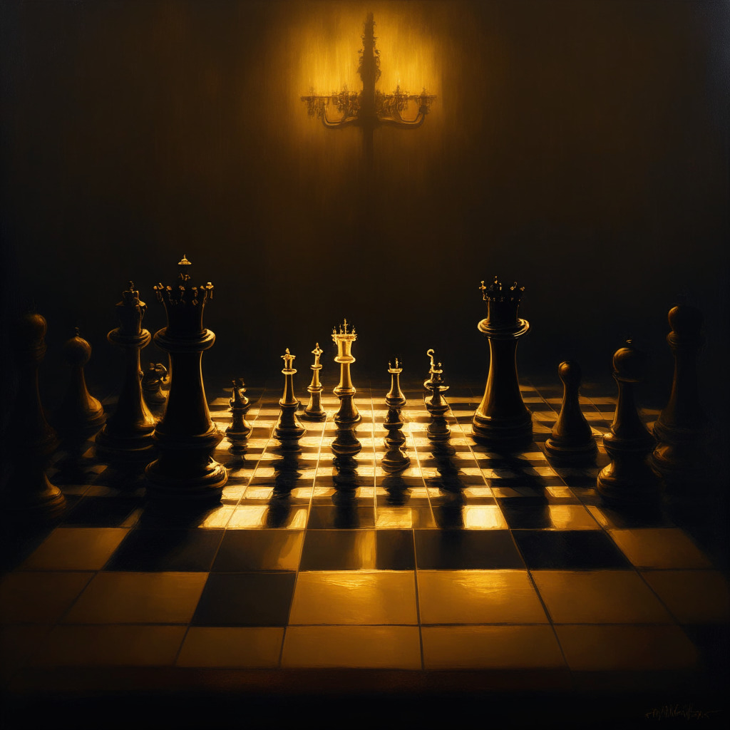 Cryptocurrency chess game, MicroStrategy vs Coinbase, moody, dimly lit room, timeless oil painting style, tense atmosphere, classic chessboard, MicroStrategy as king, Coinbase as pawn, looming SEC shadow, golden bitcoin glow, sense of uncertainty, bold contrast with a calm presence.