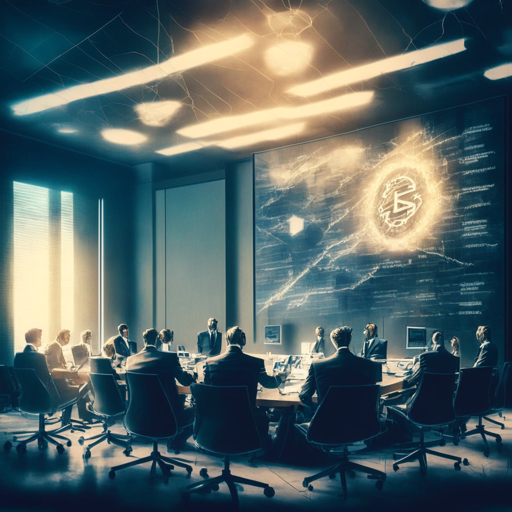 Intricate corporate boardroom, soft warm lighting, enthusiastic people discussing Bitcoin, futuristic touchscreens displaying the Lightning Network, sense of innovation and anticipation, Monet-style brushstrokes, an air of optimism towards mainstream crypto adoption, cautionary undertone.