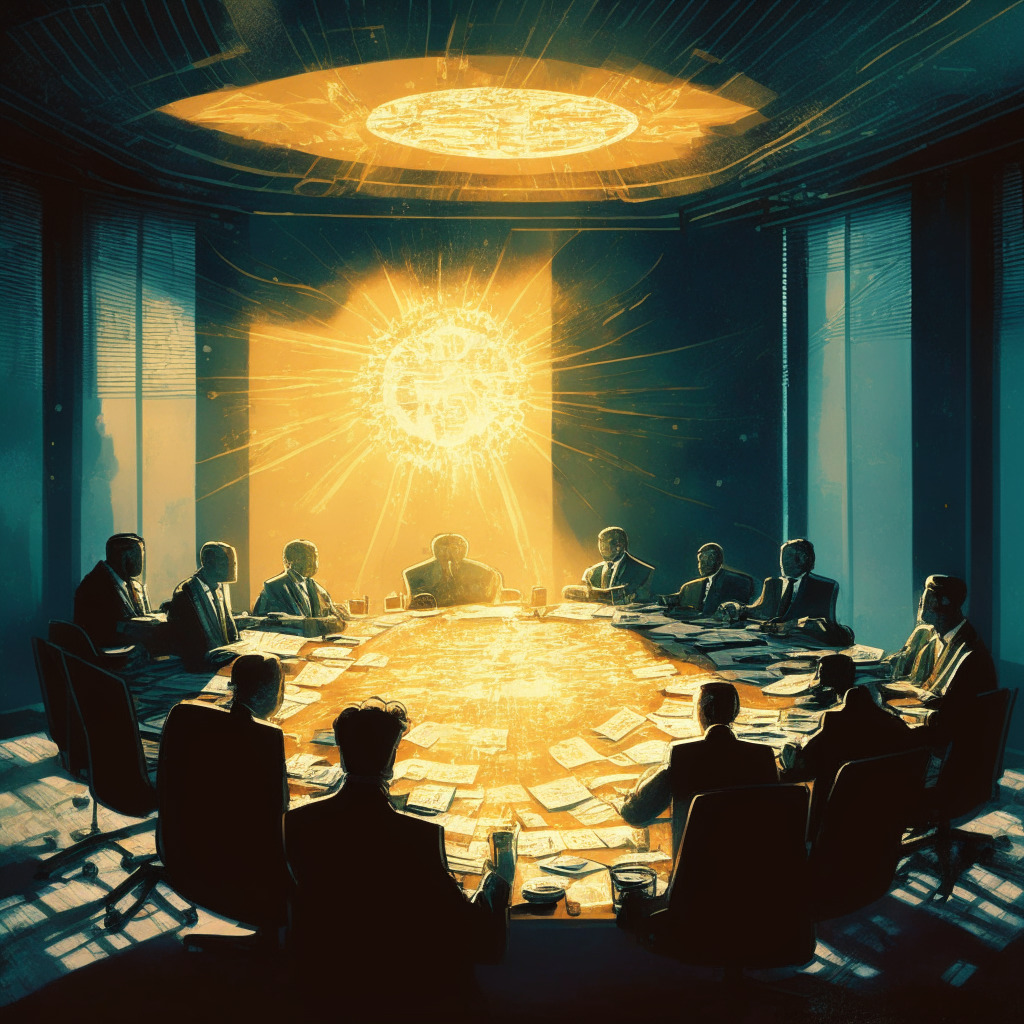 A modern corporate boardroom discussing cryptocurrency, sunlight streaming through blinds, hints of Van Gogh's Starry Night, warm atmosphere, confidence in digital assets, contrasting shadows of skepticism, swirling enthusiasm reflecting market volatility, mood of curiosity and contemplation.