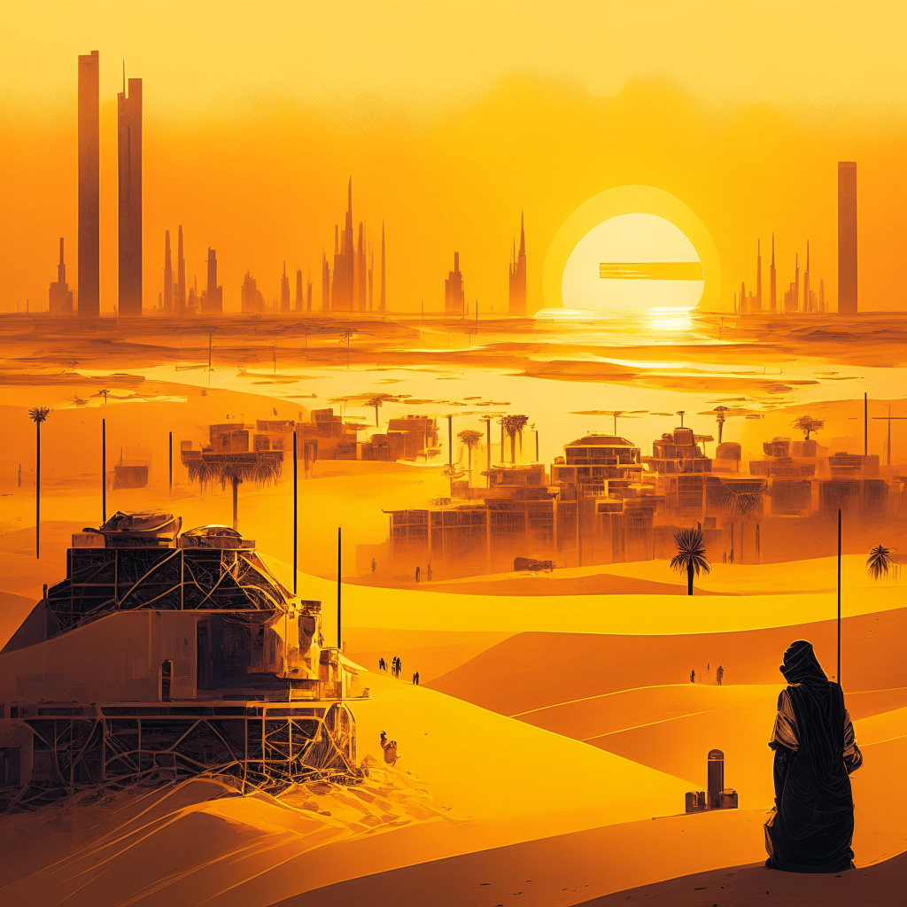 Middle Eastern crypto mining scene in Abu Dhabi, desert environment, large-scale immersion Bitcoin mining facilities, 250MW capacity, sustainable power grid, futuristic infrastructure, warm golden hues, sunset over the horizon, eco-friendly innovation, expressive brushstrokes, hopeful mood, contrasting shadows, innovative technology, sense of determination.