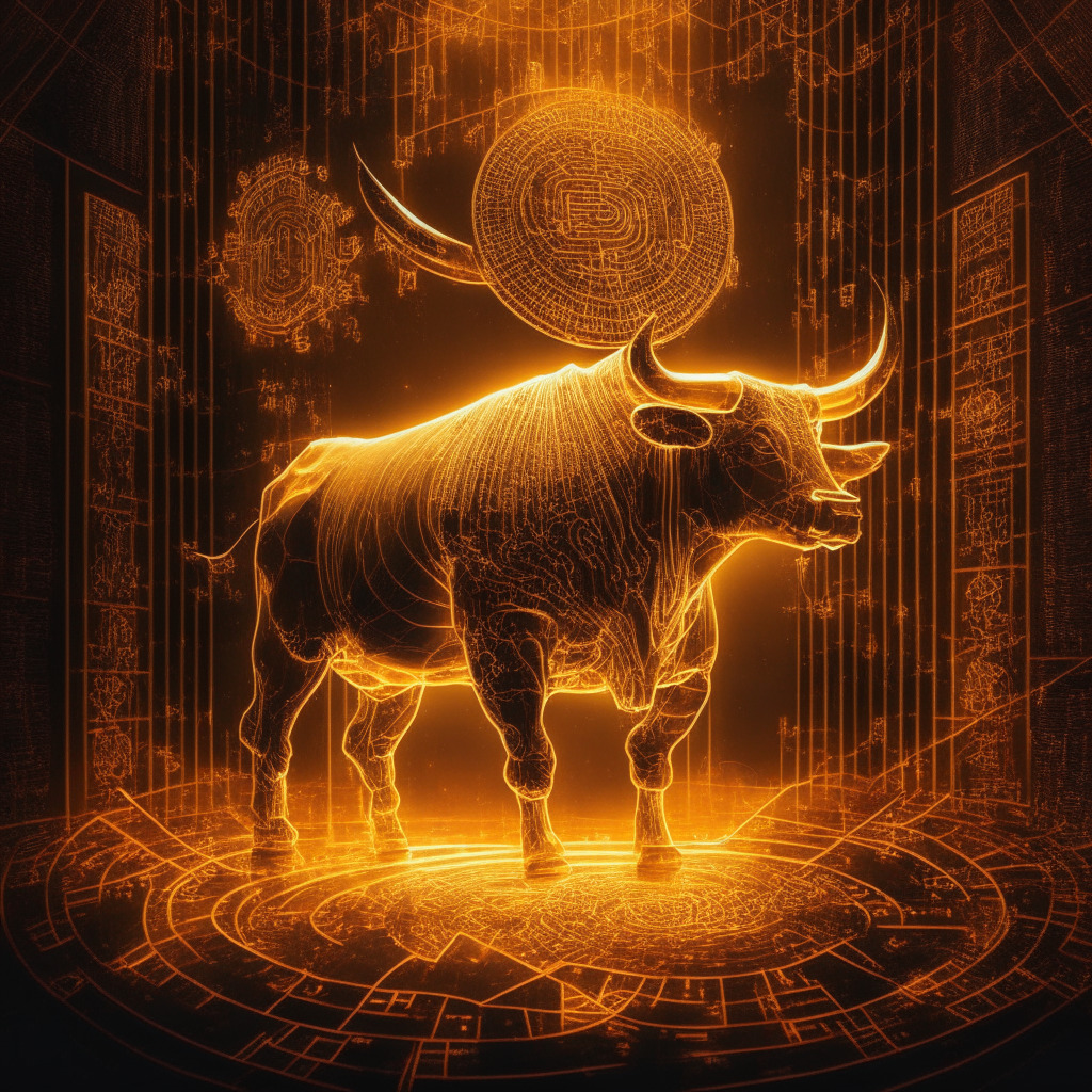 Intricate blockchain network, warm golden hues, glowing coins in circulation, confident investors with 1 BTC, serene atmosphere, dynamic bull market, sense of optimism and growth, chiaroscuro lighting, Renaissance-inspired art style, a harmonious balance between bright and dark areas, early-stage bull market feel, embracing the digital revolution.