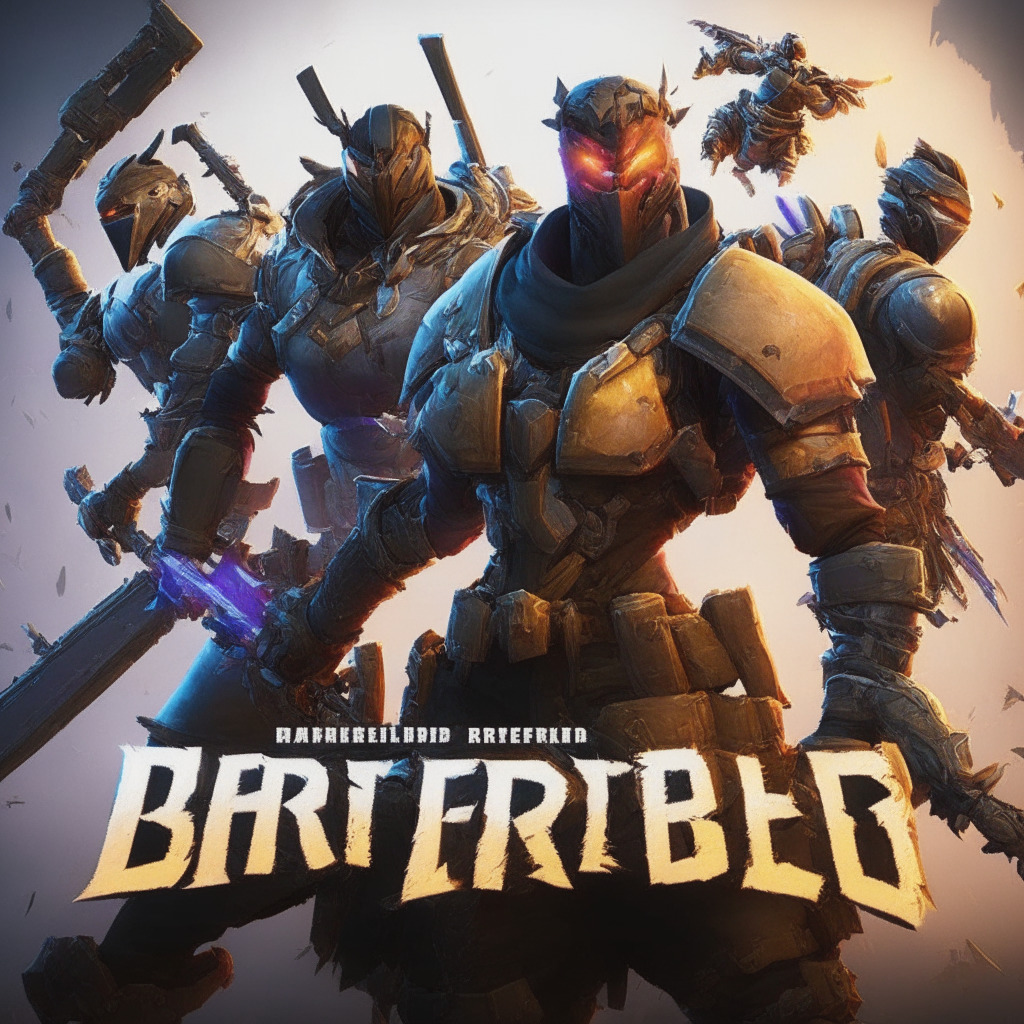 Battle-hardened warriors in dynamic Web3 FPS world, Fortnite-inspired art style, intense team deathmatch & capture-the-flag modes, diverse NFT-powered customization options, dramatic lighting with lively run-and-gun atmosphere, hints of latency & frame rate issues, alluring depth of character & weapon skins, perfect for a momentary escapade.