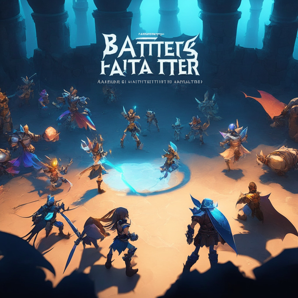 Fantasy auto battler arena, high-resolution characters, vibrant world, 1v1 Duel & 8-player Melee modes, casual strategy, NFT-funded development, contrasting light & shadows, hopeful atmosphere, accessible beginner's entry, evolving complexity, potential growth in crowded market.