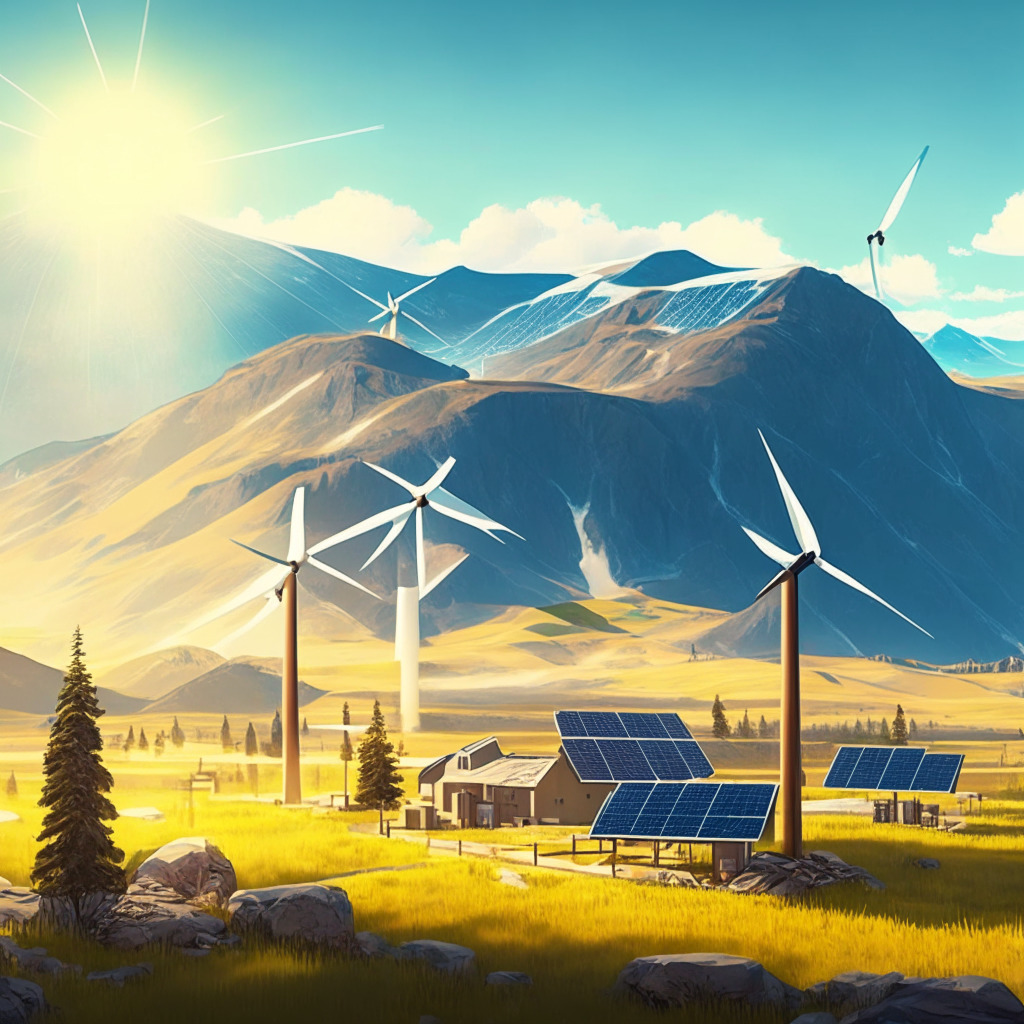 Montana landscape, cryptocurrency mining facility, serene mountain backdrop, solar panels, wind turbines, warm sunlight, sustainable technologies, balanced harmony with nature, cautiously optimistic atmosphere, faint silhouette of town, a sense of innovation, concern for environment & community, intriguing for both believers & skeptics in crypto.