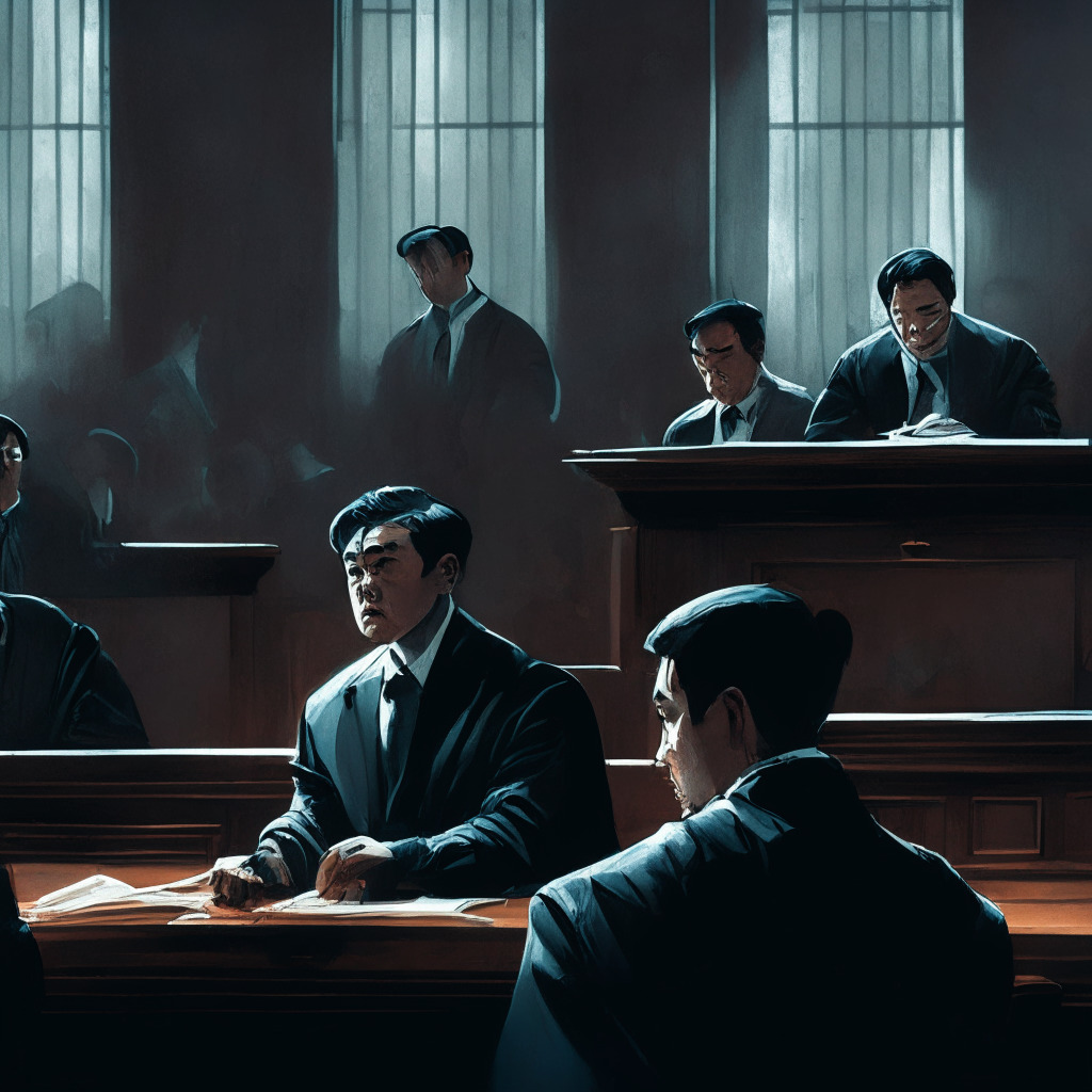 A Montenegrin courtroom scene with Terraform Labs' co-founder, Do Kwon, and former CFO, Han Chong-joon facing trial, chiaroscuro lighting emphasizing tension and drama, art reminiscent of Baroque style, somber mood reflecting the crypto controversy, stablecoin TerraUSD in chaos, and increasing calls for regulation in the background, all symbolizing the crucial need for a balanced approach to ensure safety and growth in the crypto world.