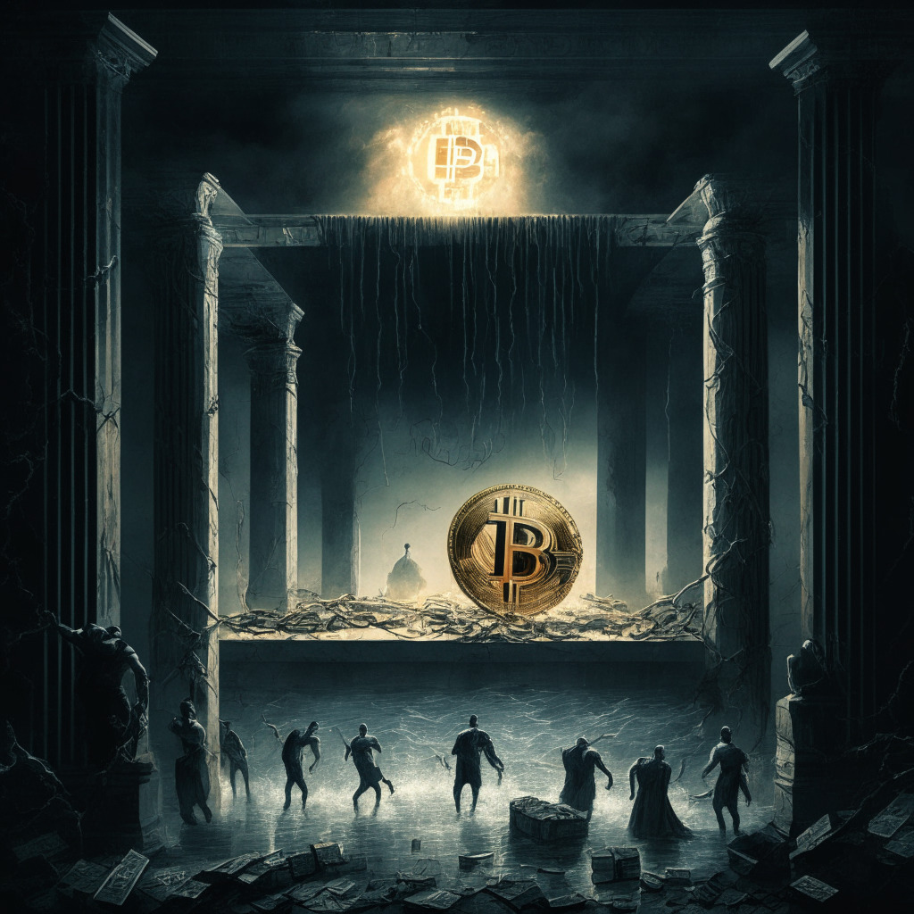 Cryptocurrency crisis scene, blockchain bridge teetering, Chinese authorities in the shadows, $1.6B wallet shackled, networks like Fantom & Ethereum affected, dramatic chiaroscuro lighting, Baroque style, turbulent & mysterious mood, metaphor of regulatory risk, vigilance & market disruption.