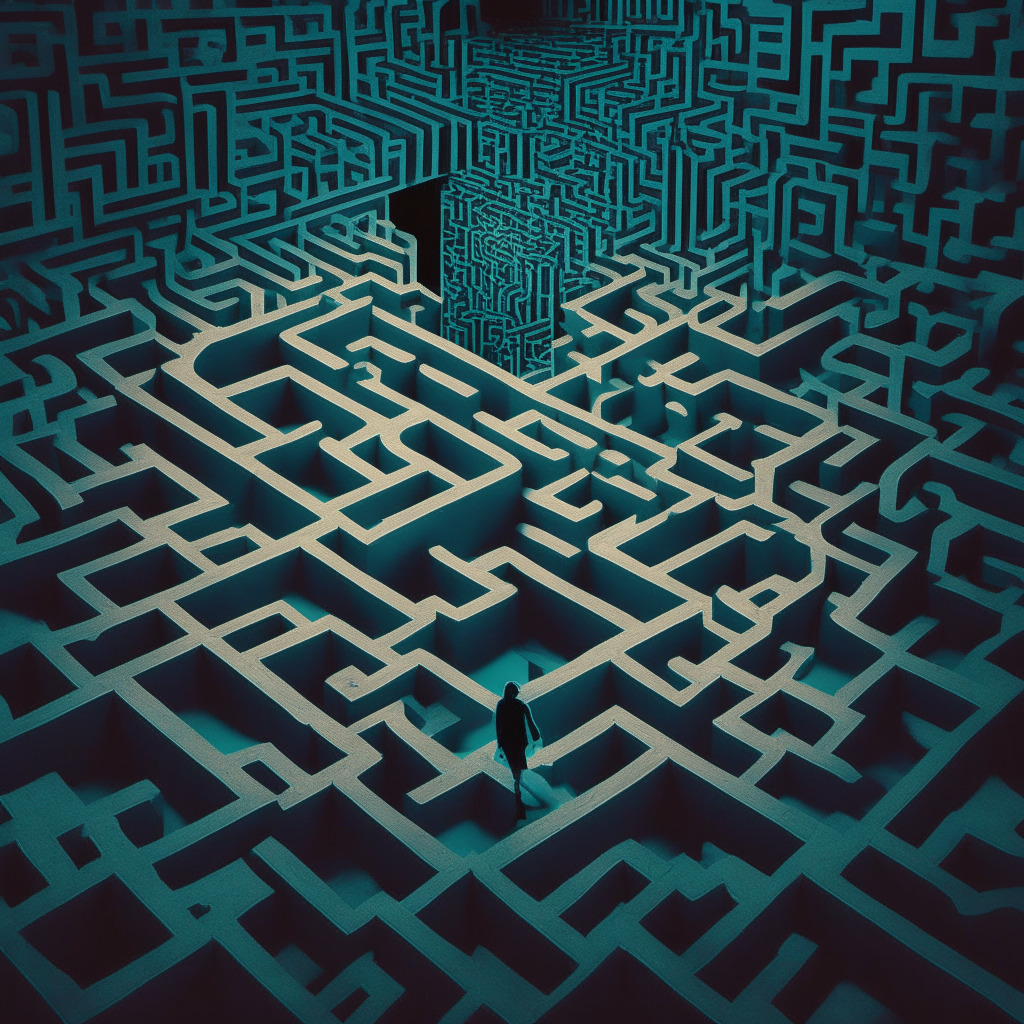 Intricate blockchain maze, perplexed investors, shadow of rug-pull looming, surreal art style, dimly-lit room, turbulent exchange market, somber mood, hints of hope in scrutinizing eyes, $1.8 billion at stake, understated color palette, uncertain future. Max 350 characters: Intricate blockchain maze, perplexed investors, shadow of rug-pull looming, surreal art, dimly-lit room, turbulent market, somber mood, hope in scrutinizing eyes, $1.8bn at stake, understated colors, uncertain future.