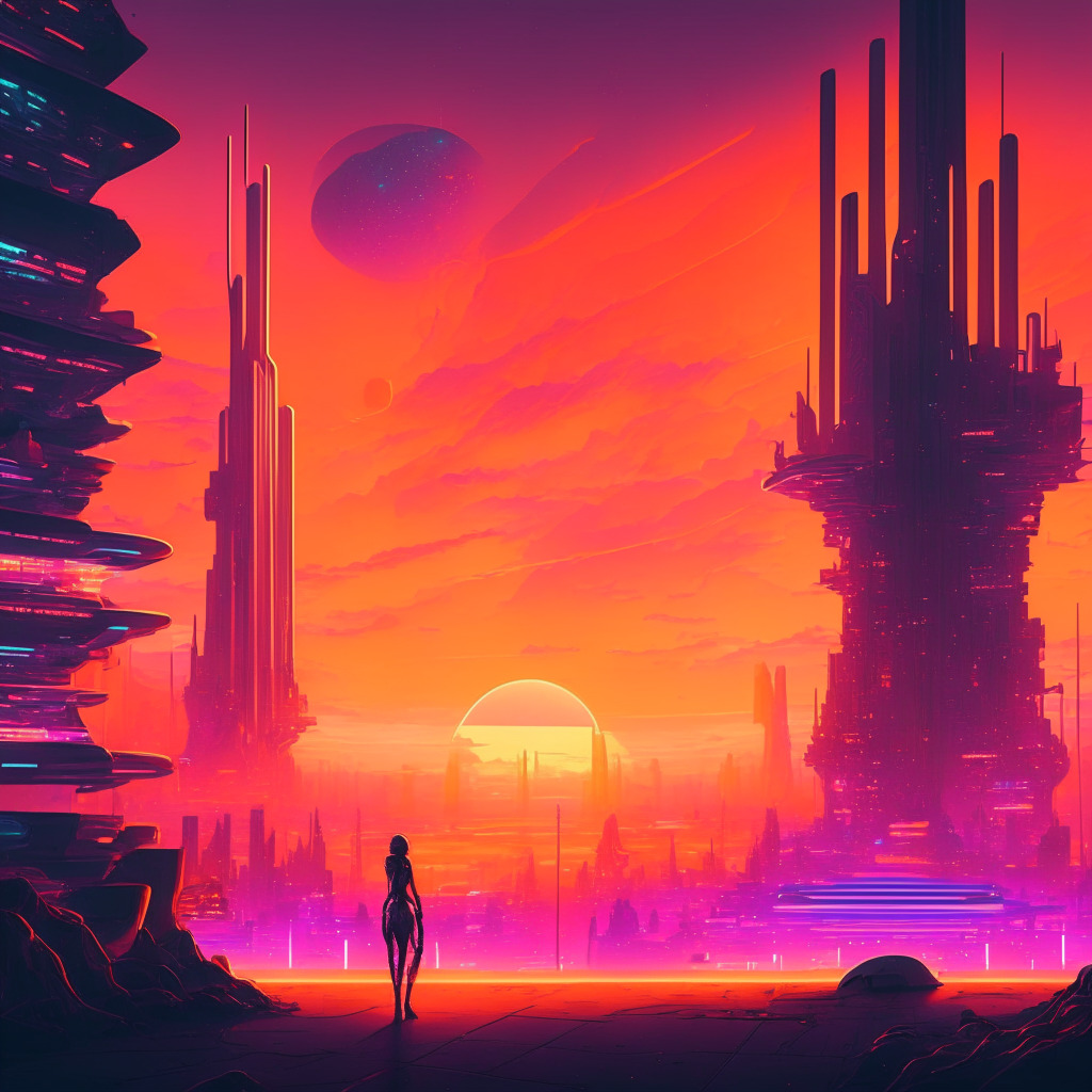 Futuristic metaverse landscape, glowing decentralized city, warm sunset hues, soft neon aesthetic, crypto browser exploring digital realm, excitement and curiosity-filled atmosphere, Web3 access simplification, seamless integration, abstract blockchain structures, humanoid figures navigating, learning and embracing change.