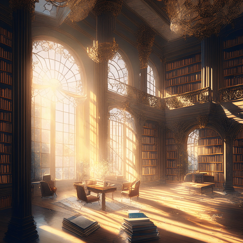 Sunlit library, blockchain entrepreneurs engrossed in must-read books, serene atmosphere, warm earthy tones, baroque-inspired intricate details, chiaroscuro lighting, enlightening mood, focus on creating innovative solutions, navigating disruption, vivid depiction of adaptability, customer engagement, determined entrepreneurs thriving in tech.