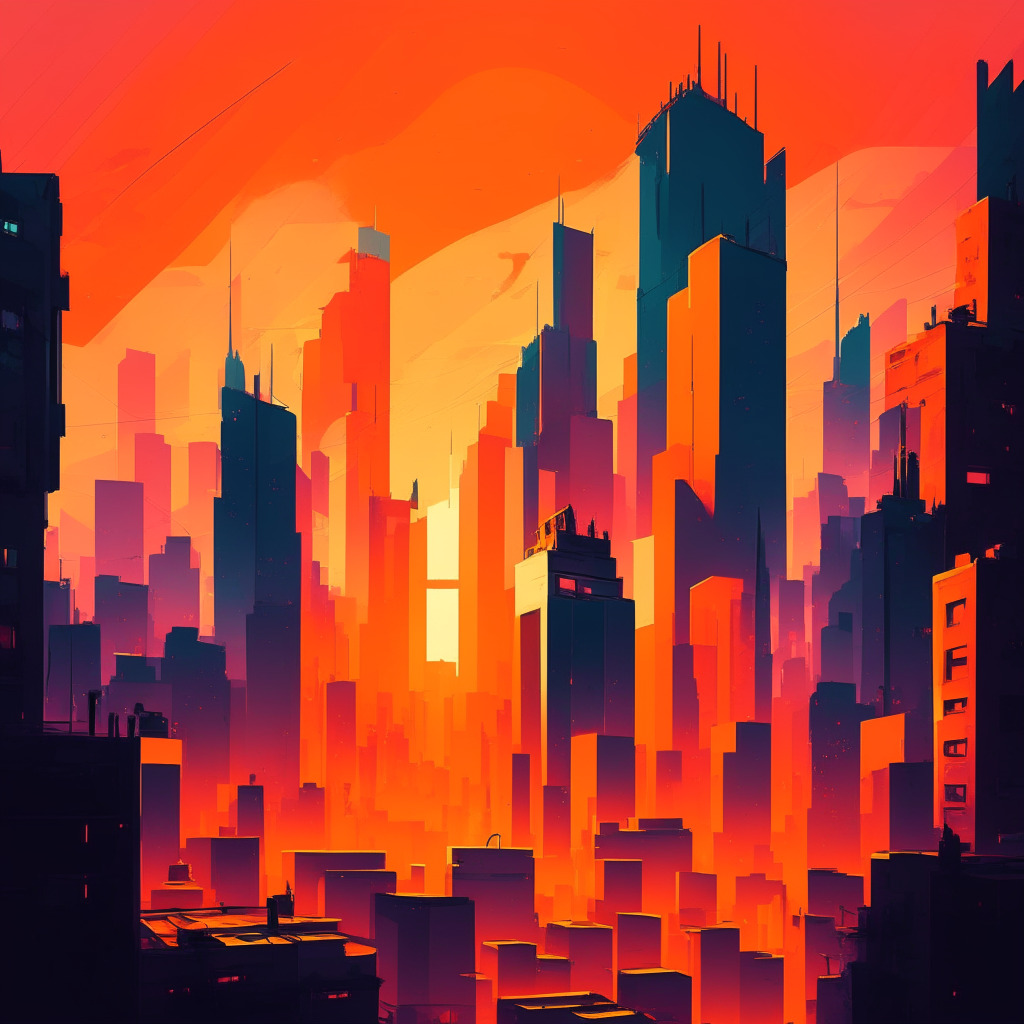 Sunset-lit city skyline, digital world merging with reality, popular brands embracing NFTs in various forms, artistic cubist style, warm color palette, dynamic composition, mood of cautious optimism, adaptability, and exploration in NFT market.
