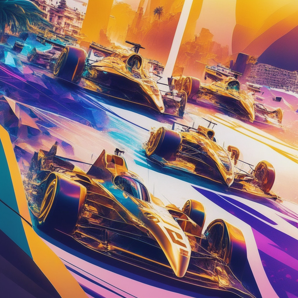 Futuristic F1 race, Monaco Grand Prix, vibrant polygonal art, golden sunset, sleek race cars speeding past luxurious yachts, enthusiastic fans with NFT tickets, euphoric atmosphere, secure & authentic event entry, exclusive post-race celebration, hints of artistic crypto symbols, technology-meets-sports fusion, thought-provoking mood.