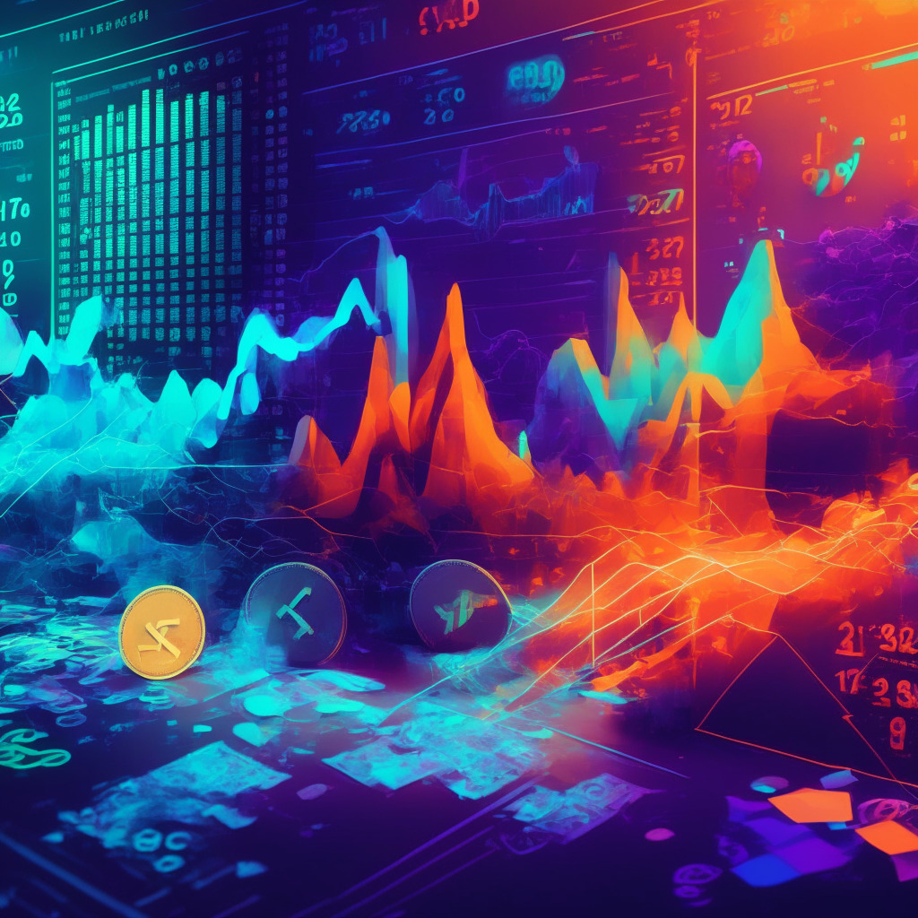 NFT trading frenzy, Q1 2023 Ethereum boost, BLUR token airdrop, dynamic marketplace scene, abstract art elements, vibrant color palette, energetic atmosphere, playful light setting, soft shadows, financial charts and graphs, contrast between Q4 2022 and Q1 2023, crypto aesthetic, vintage trading floor inspired, sense of anticipation, cautionary undertone.