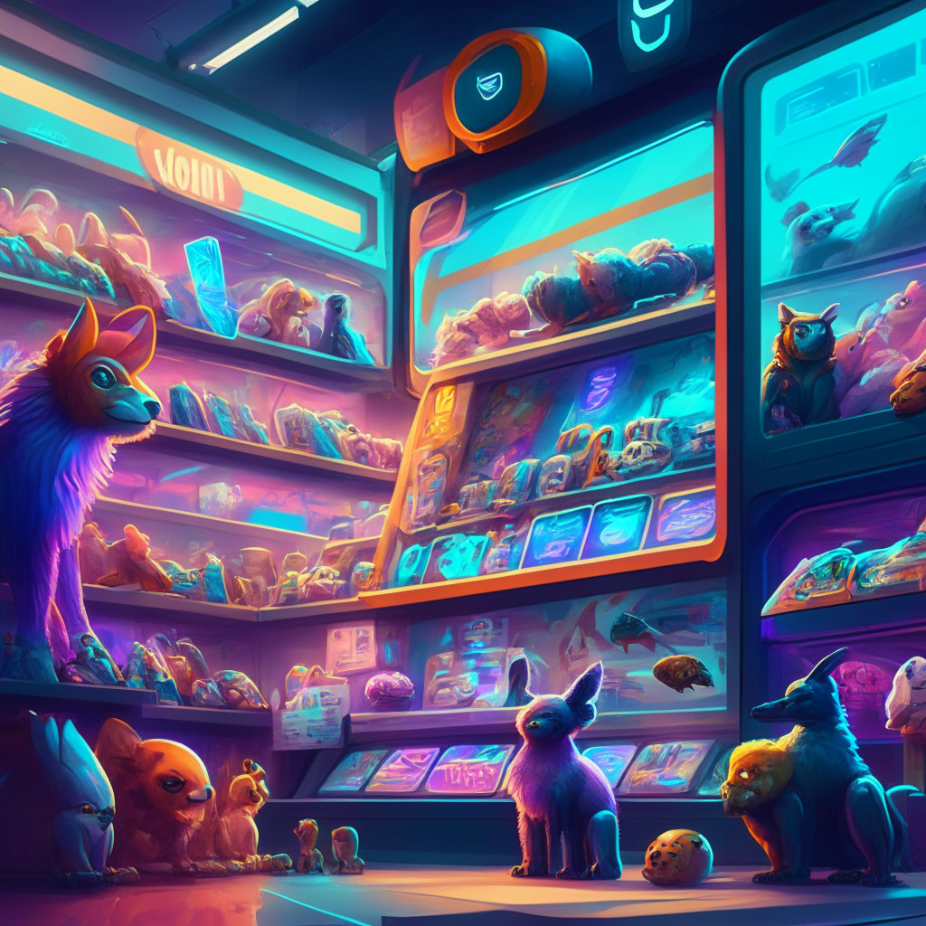 Futuristic digital marketplace, non-fungible tokens displayed, collectible sports cards & stuffed animals similarities, bold color palette, dynamic lighting, energetic yet cautious mood, diverse industries in the background, shadows of potential regulations, art-inspired style.