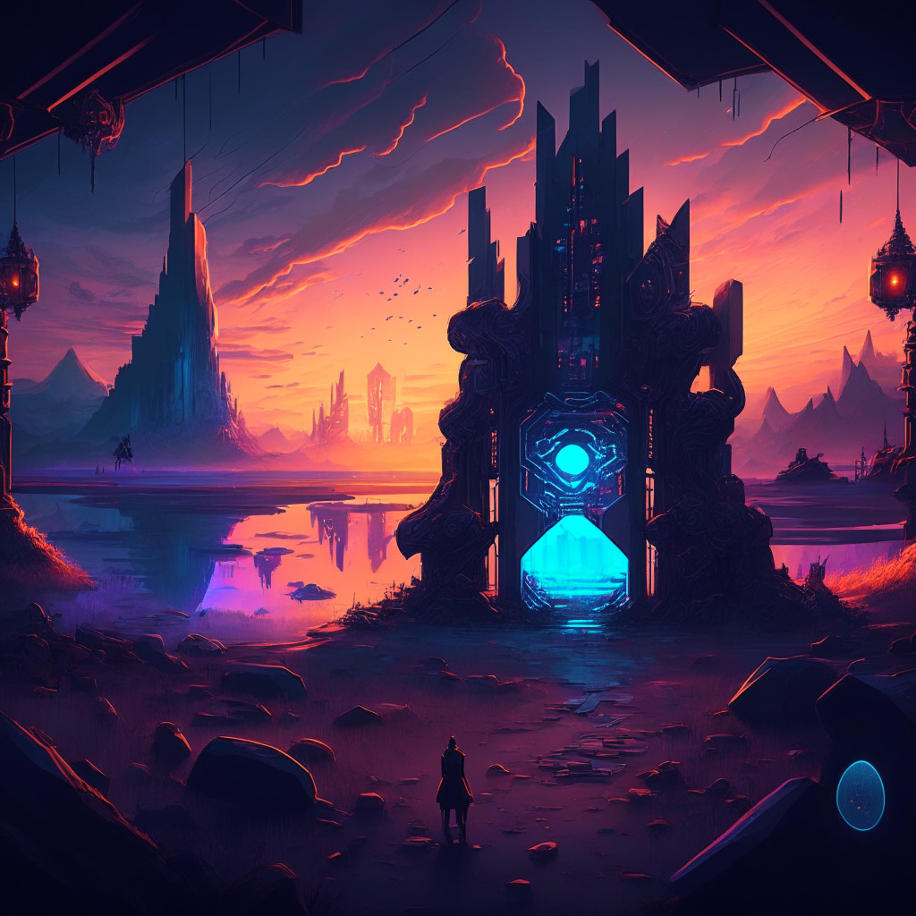 Mystical gaming realm at dusk, crypto-inspired abstract elements, warm low light setting, clash of traditional & futuristic, tense mood; blockchain integration debate amidst landscape, vivid avatars debating pros & cons of NFTs, contrast in emotions, crossroads of innovation & tradition, blending digital & real-world values, 350 characters max.