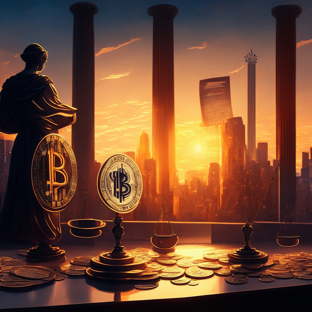 Cryptocurrency regulation scene at sunset, New York Attorney General presenting the Crypto Regulation, Protection, Transparency and Oversight Act (CRPTO), balanced scales of justice, two sides facing each other - protection and innovation, subtle contrast in lighting, deep emphasis on intricate details, stablecoins and dollar bills floating, somber mood, hints of a hopeful future.