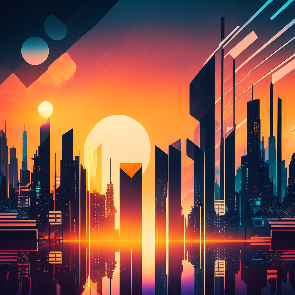 Futuristic cityscape with blockchain-inspired elements, sunset ambiance, geometric patterns, dynamic silhouettes of innovators collaborating, a blend of optimism and caution, serene mood with a hint of unease, thought-provoking perspective, reflecting crypto's potential and risks in finance & technology.
