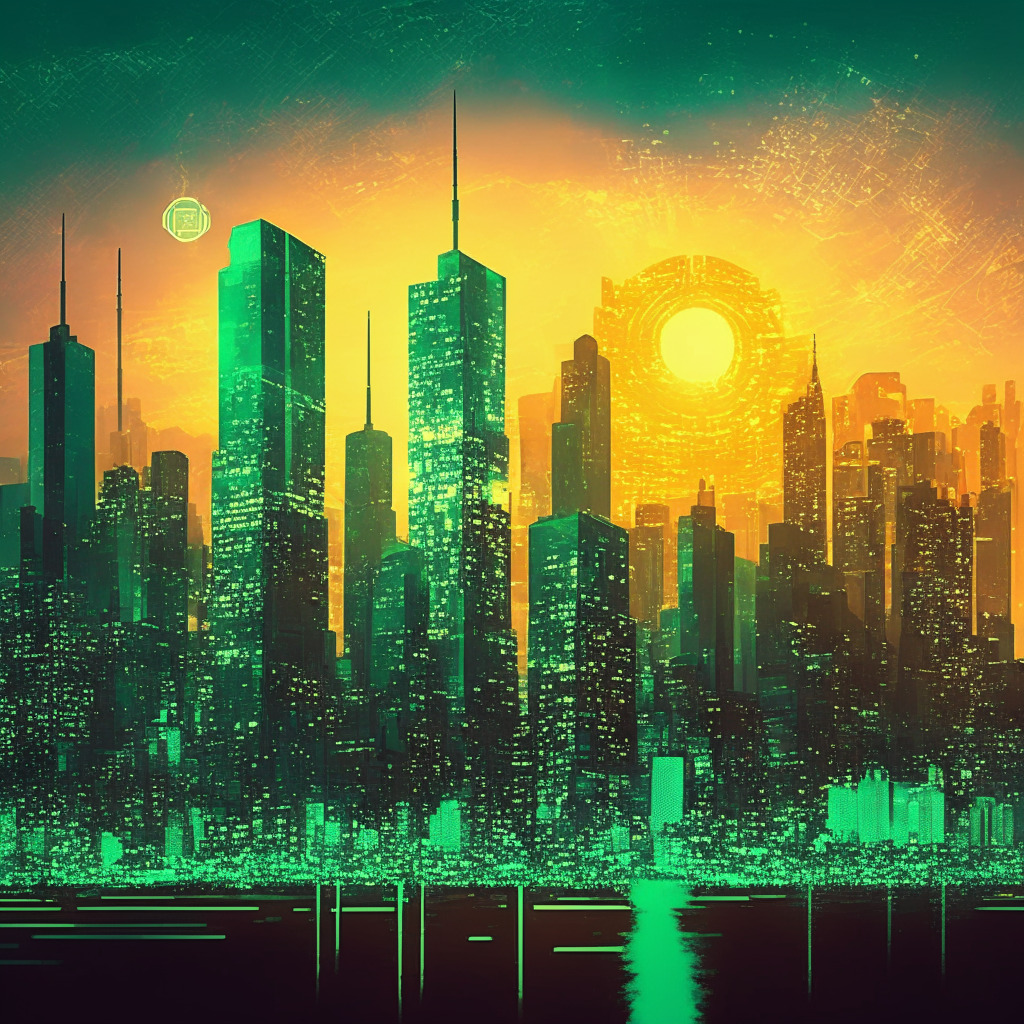Futuristic NYC skyline with blockchain symbols, diverse stakeholders discussing crypto, institutional investors entering market, secure digital wallets, green energy mining solutions, dramatic sunset lighting, impressionist style, optimistic yet cautious mood.