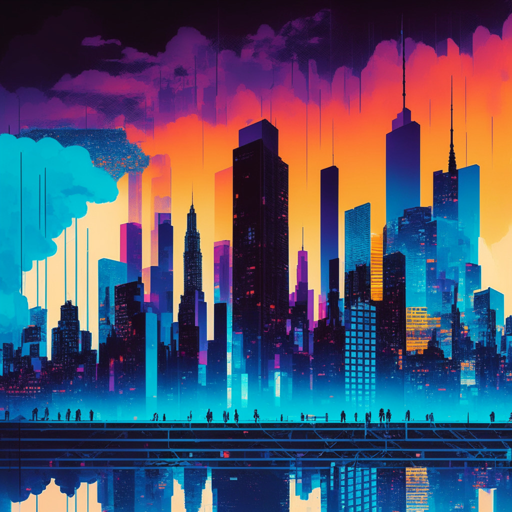 NYC blockchain scene, dusk cityscape, contrasting hope and skepticism, vibrant colors, high-rise buildings with glowing windows reflecting innovation, silhouette debate, digital currency symbols, bridge connecting crypto believers and skeptics, hovering cloud of uncertainty, pulsating potential energy.