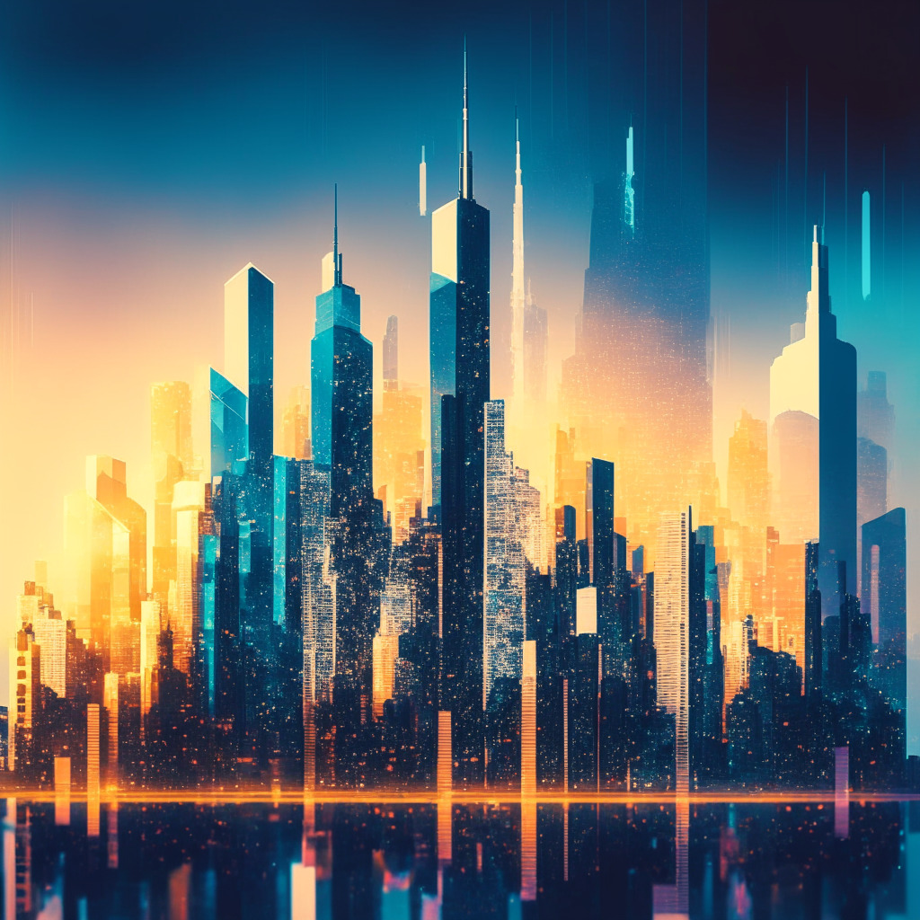 Futuristic NYC skyline infused with blockchain elements, contrasting opinions weighing benefits vs. challenges, diverse group of innovators collaborating, warm tones symbolizing growth and trust, cool accents hinting at potential risks, soft light casting a contemplative mood, Impressionist style.