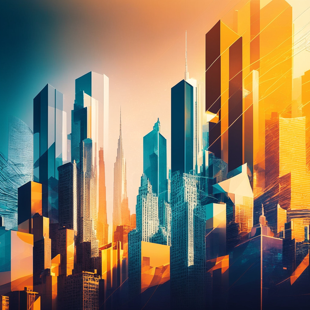 Futuristic NYC skyline, blockchain links interconnecting buildings, finance & tech hubs, contrasting light & shadow, energetic atmosphere, abstract debate elements, transparent voting boxes, warm color palette, cautious optimism, digital vs traditional finance juxtaposition, inclusion & exclusion concept.
