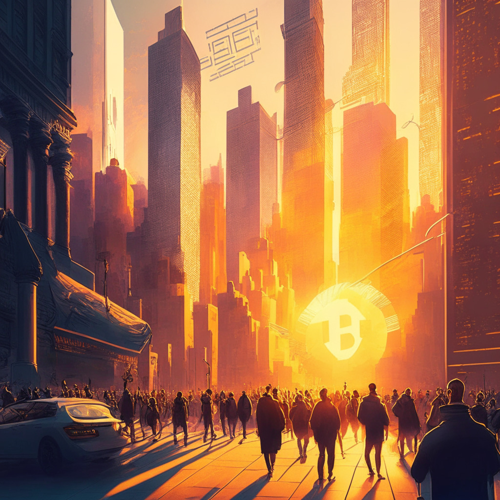 Futuristic NYC street scene, blockchain hub building, cryptocurrency symbols, diverse crowd of innovators, sun setting with warm hues, digital meets traditional, vibrant optimism, a touch of skepticism, technology-infused skyline, energetic atmosphere.