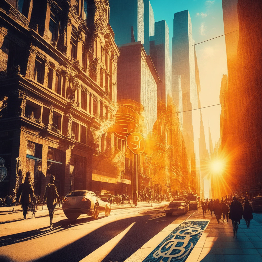 Winding NYC street with blockchain symbols, contrasting traditional finance & digital revolution, sunlit city backdrop, edgy artistic vibe, warm hues reflecting optimism, cautious undertone, busy urban environment, prominent integration, startups & institutions coexisting, future-forward mood.