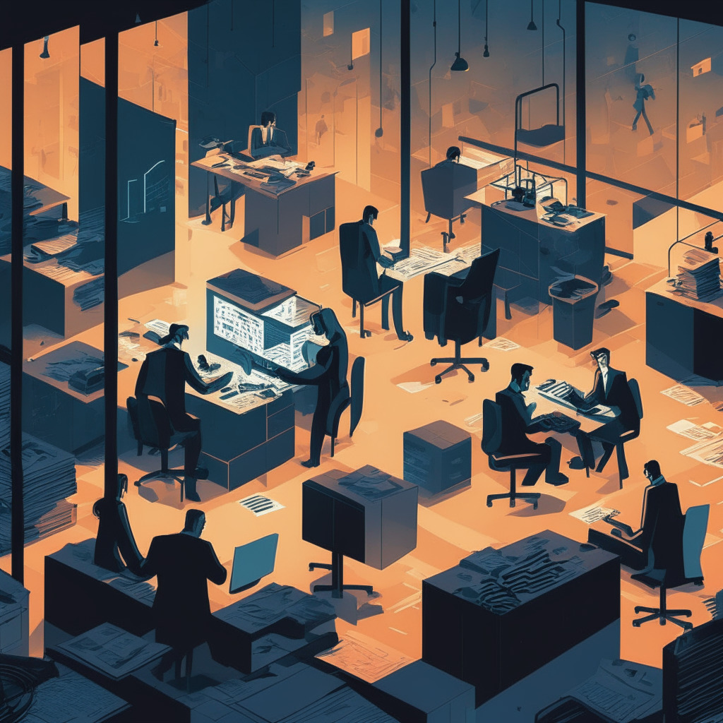 Intricate blockchain office scene, dusk lighting, Cubist art style, somber mood, emphasizing job loss in the crypto industry. Features a diverse group of employees clearing desks, a confident CEO outlining renewed focus, and graphical representation of Bitcoin & Ethereum indicating market challenges.