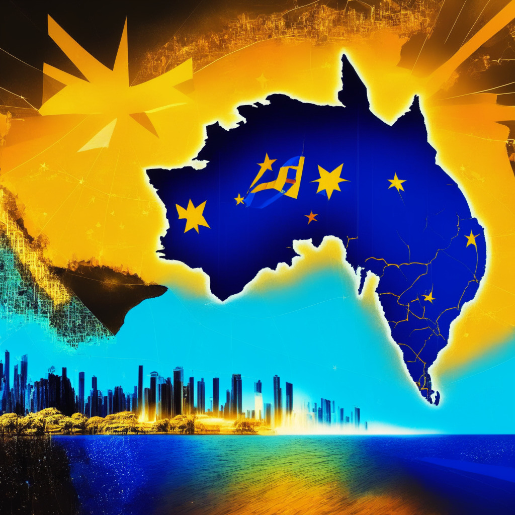 Navigating Australia's crypto landscape, Binance suspension concerns, calming chaotic users, sunny and turbulent atmosphere, evoking uncertainty, cityscape with crypto exchanges, resilient CEOs reassuring continuity, AUD services in motion, vibrant colors reflecting the market mood, dark shadows of regulatory gaps, quest for clarity, roadmap to stability in Australian cryptocurrency.