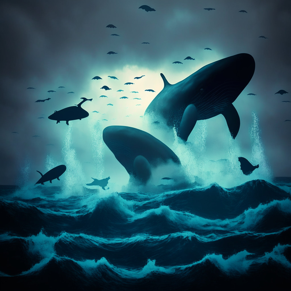 Whale silhouettes near support levels, stormy sea with scam wick flashes, Bitcoin coins floating, tense atmosphere, chiaroscuro light setting, Baroque-inspired composition, subdued colors reflecting market uncertainty, subtle glow suggesting possible shift to accumulation, hint of risk in the background.