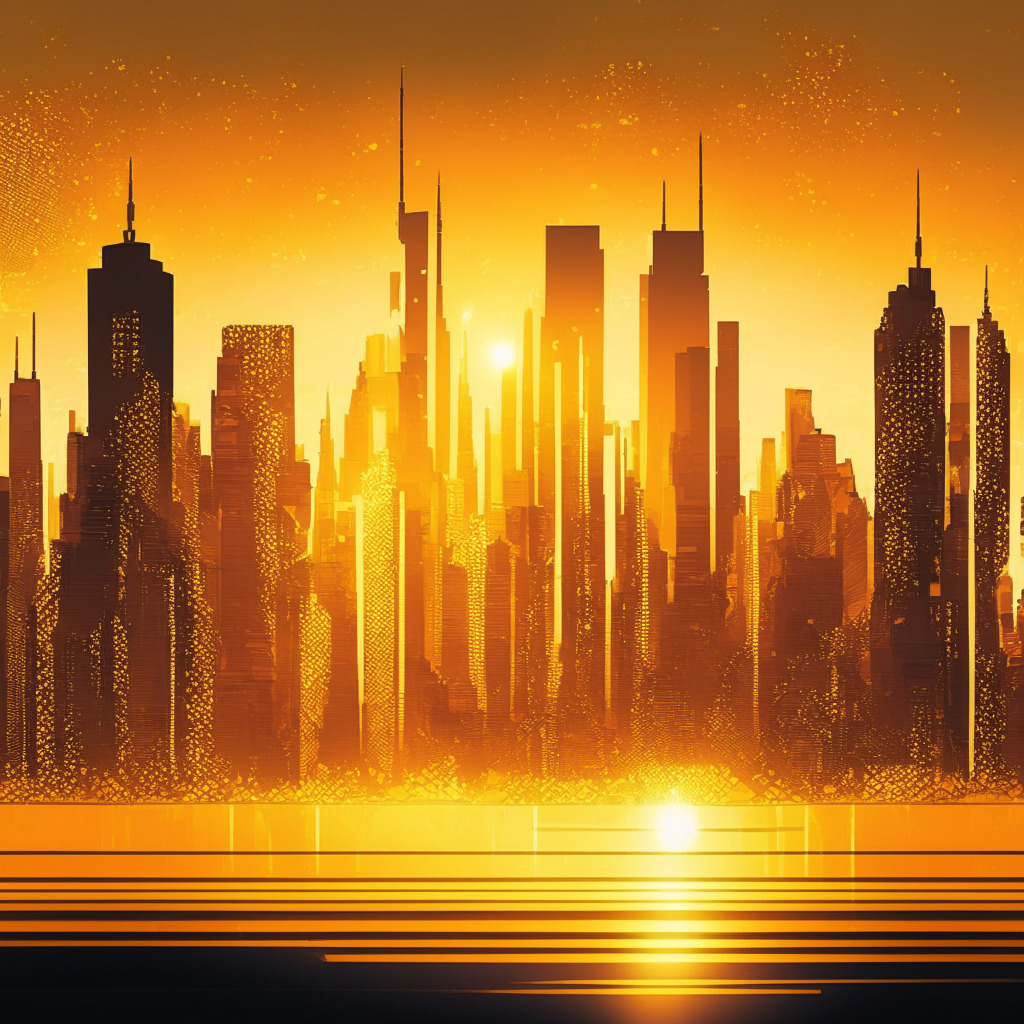 Futuristic New York City skyline, blockchain elements intertwined, crypto enthusiasts in discussion, glowing sunset as a symbol of rising innovation, city actively fostering growth, warm golden hues for hope, collaborative atmosphere, mix of traditional finance & crypto, subtle expressionism style, balance of skepticism & optimism.