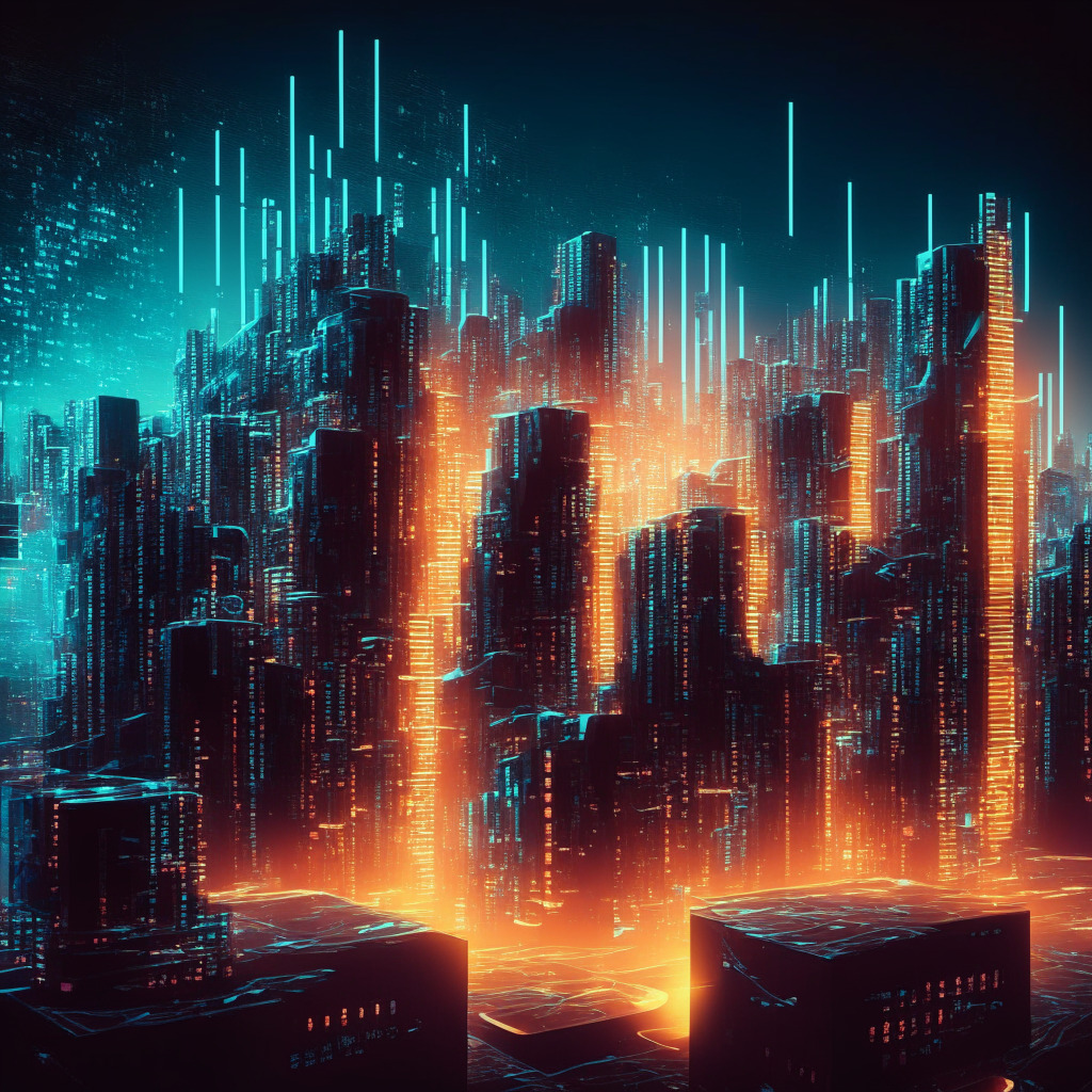 Futuristic blockchain cityscape, glowing encrypted data streams, contrasting warm & cool hues, prominent cryptocurrency symbols sans logos, low-lit, chiaroscuro effect, dynamic market activity, potential environmental concerns symbolized, alluring sense of mystery, cautionary optimism, evoking trailblazing determination.
